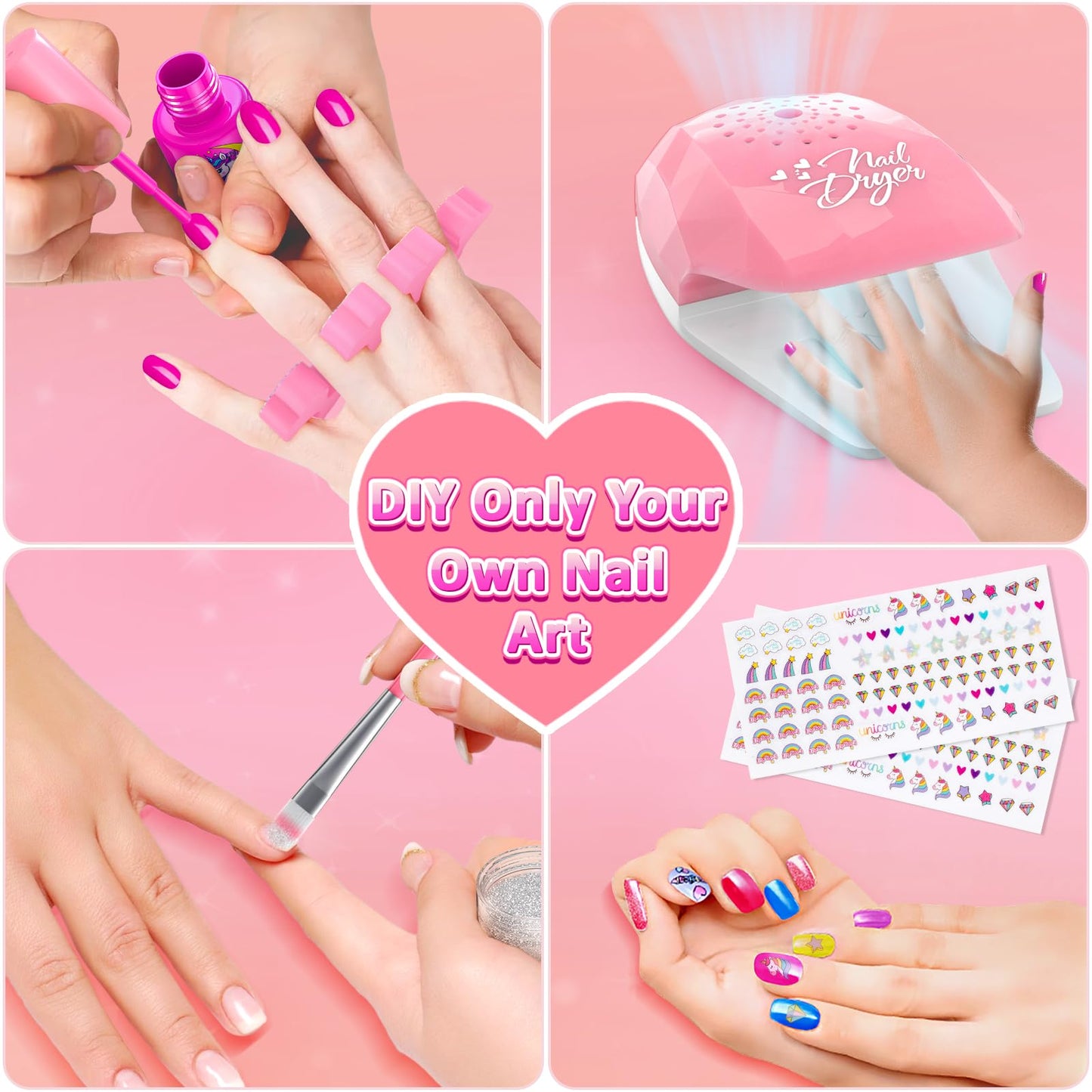 Kids Nail Polish Set for Girls, Nail Art Kit with Nail Dryer & DIY Nail Stickers, Nail Kit Toys for Girls with Non-Toxic Nail Polish,Age 3-12 Little Girl Gift Toys
