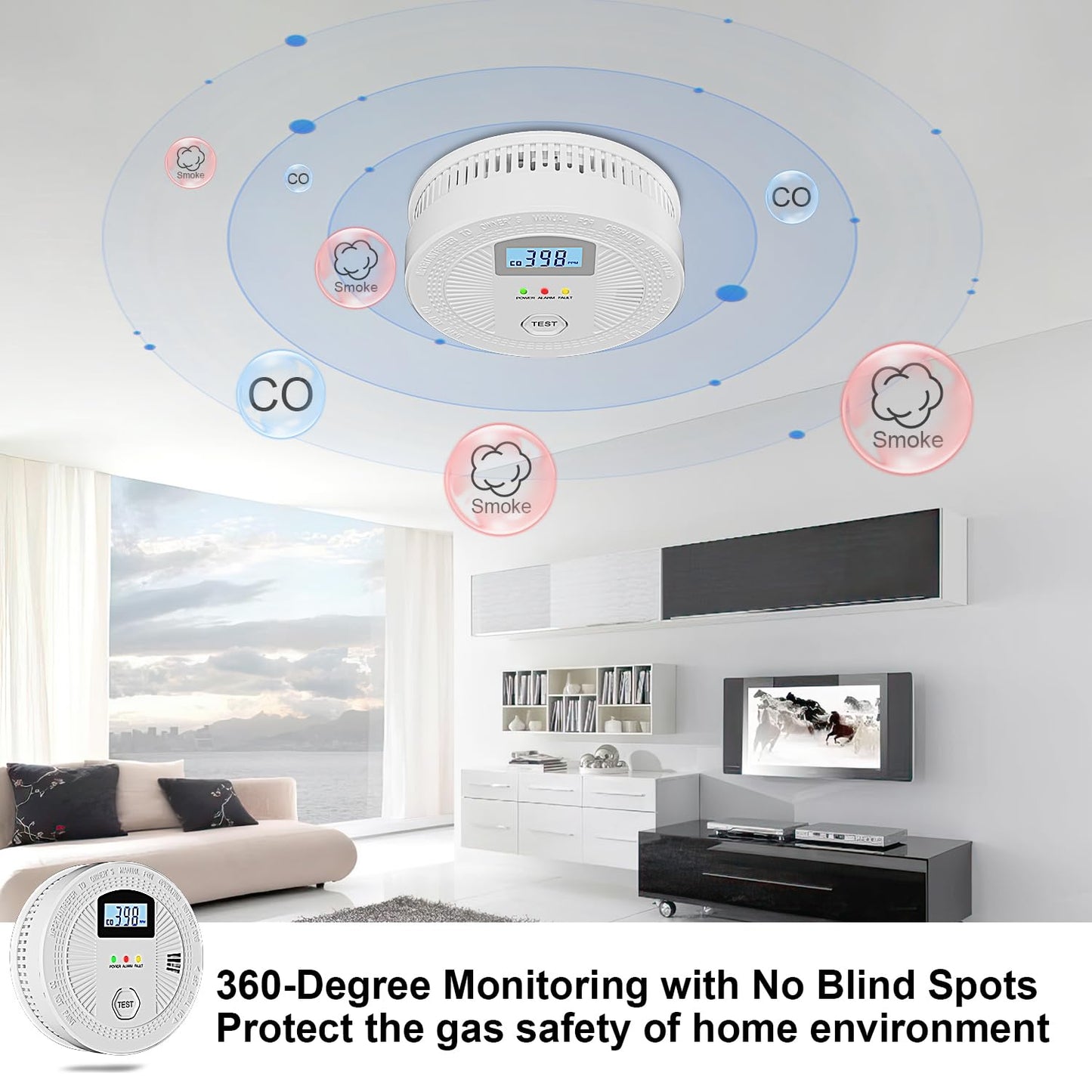 5 Pack Combination Photoelectric Smoke and Carbon Monoxide Alarm Detector with LCD Display; Battery-Operated Smoke Carbon Monoxide Alarm