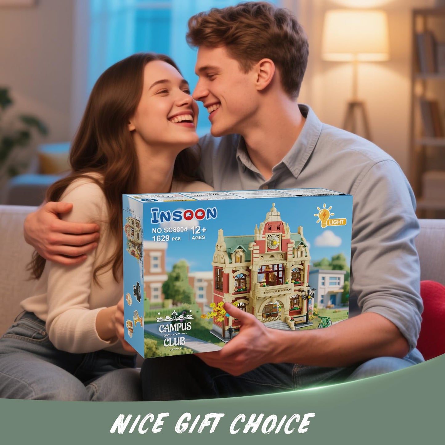 INSOON University Club House Building Set with Light,1629PCS City Campus Architecture Model with Painting Drama Baking Music Club, Home Decor Construction Building Block Gift for Adults Boys Girls 12+