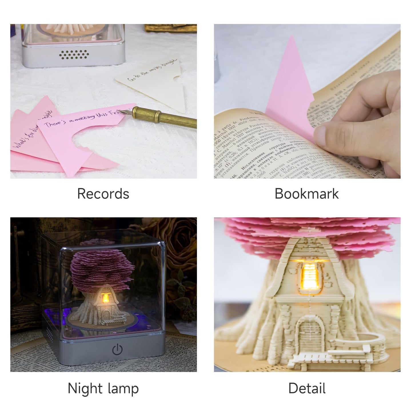 Buladle 3D Tree memo Pads Paper Desk Calendar with Light,DIY Creative Gifts,Non-Sticky Note Pad Cubes Note Cards Stickers Post Notes for Office/Home (Pink)