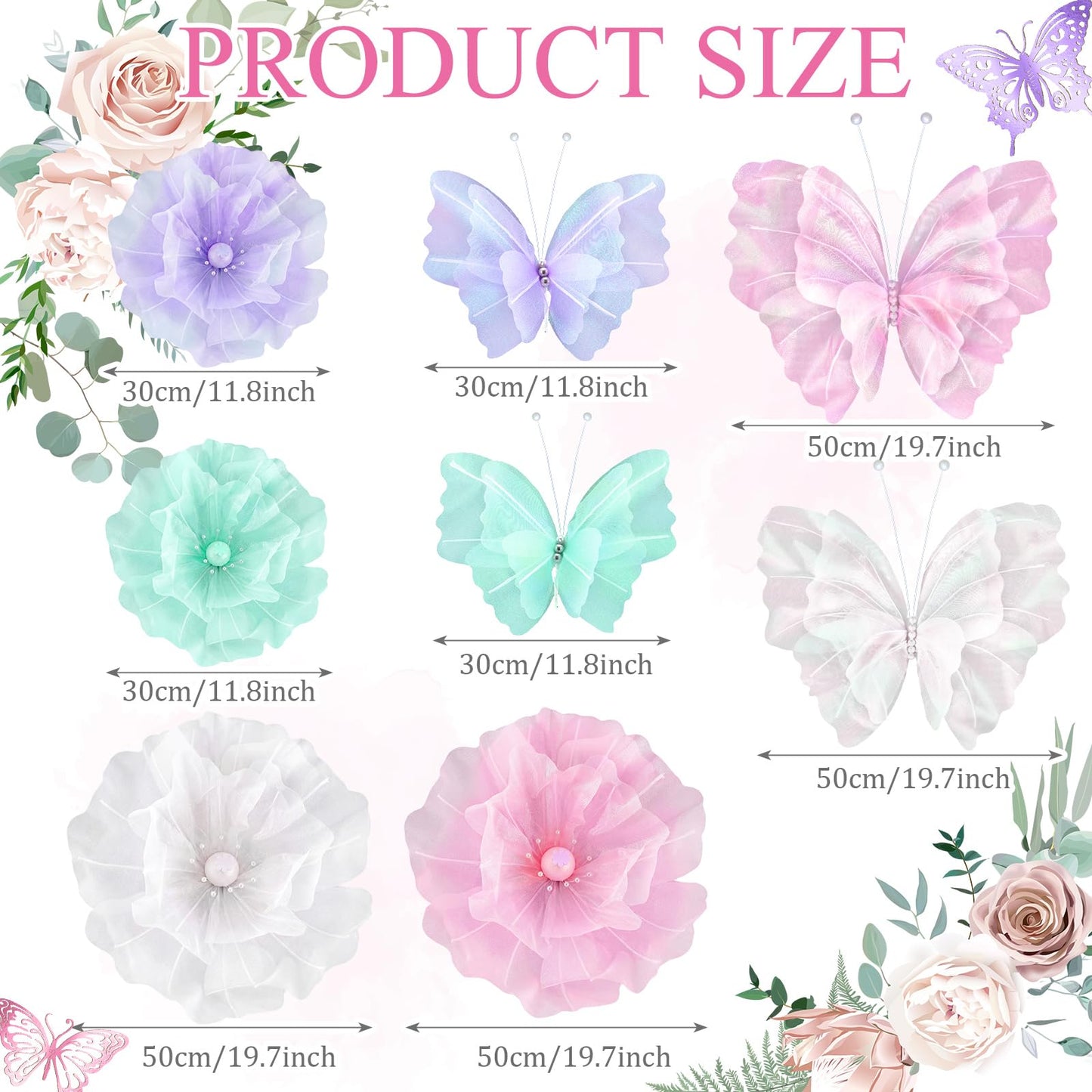 Cinnvoice 8 Pcs Pastel Large Butterfly Flower Decorations 20 Inch 12 Inch 3D Giant Pastel Silk Butterfly Big Flower Mariposas Grandes para Decoracion for Wedding Backdrop Birthday Party
