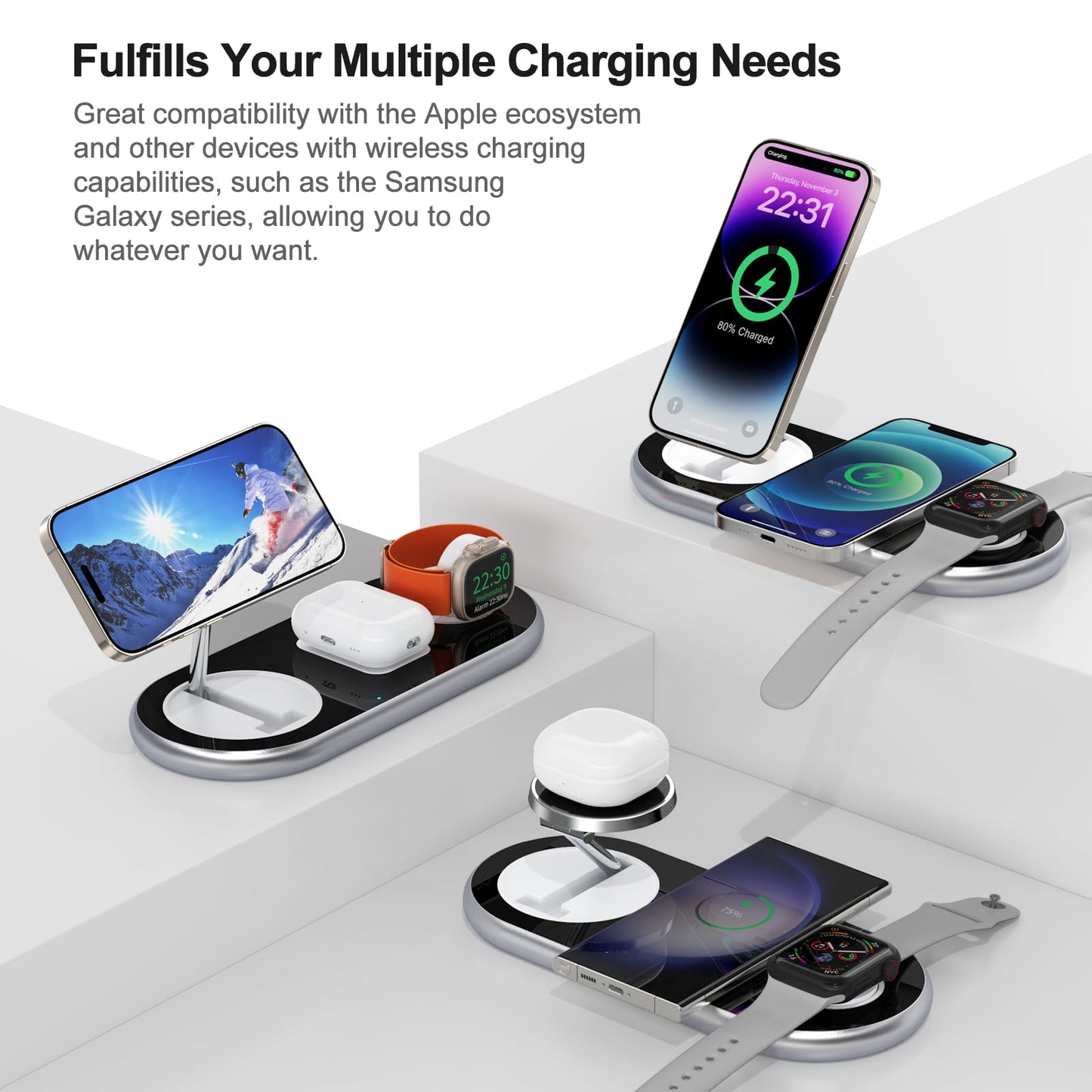 3 in 1 Charging Station for Apple Devices, Faster Mag-Safe Charger Stand, Magnetic Wireless Charger Station for iPhone 16 15 14 13 12 Pro Max Plus, Apple Watch iwacth & AirPods, Adjustable Angle