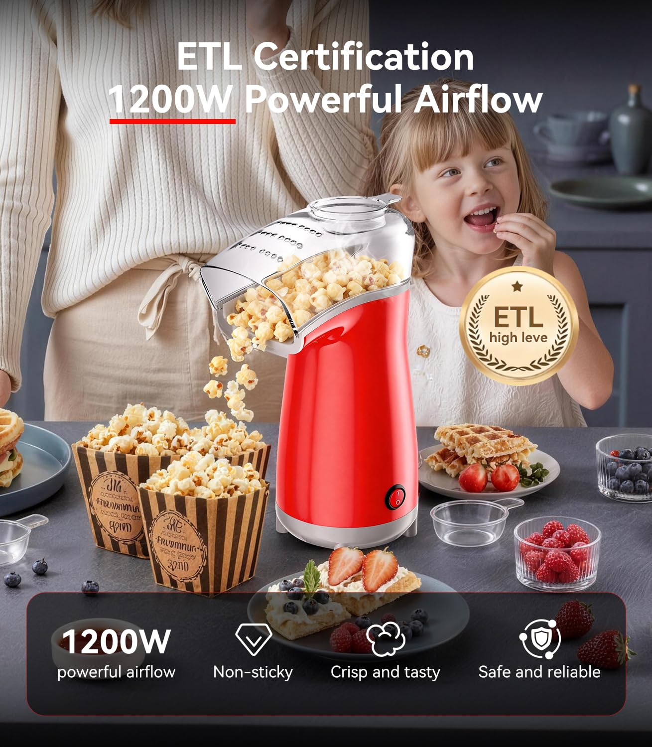 5.0Health Upgrade - Popcorn Machine,Butter Melter.3-Minute Quick Po Pcorn Popcorn maker,Oil-Free And EasyTo Clean. Air Popcorn Machine - Perfect For Family Movie Nights And Kids' Parties,Bright red