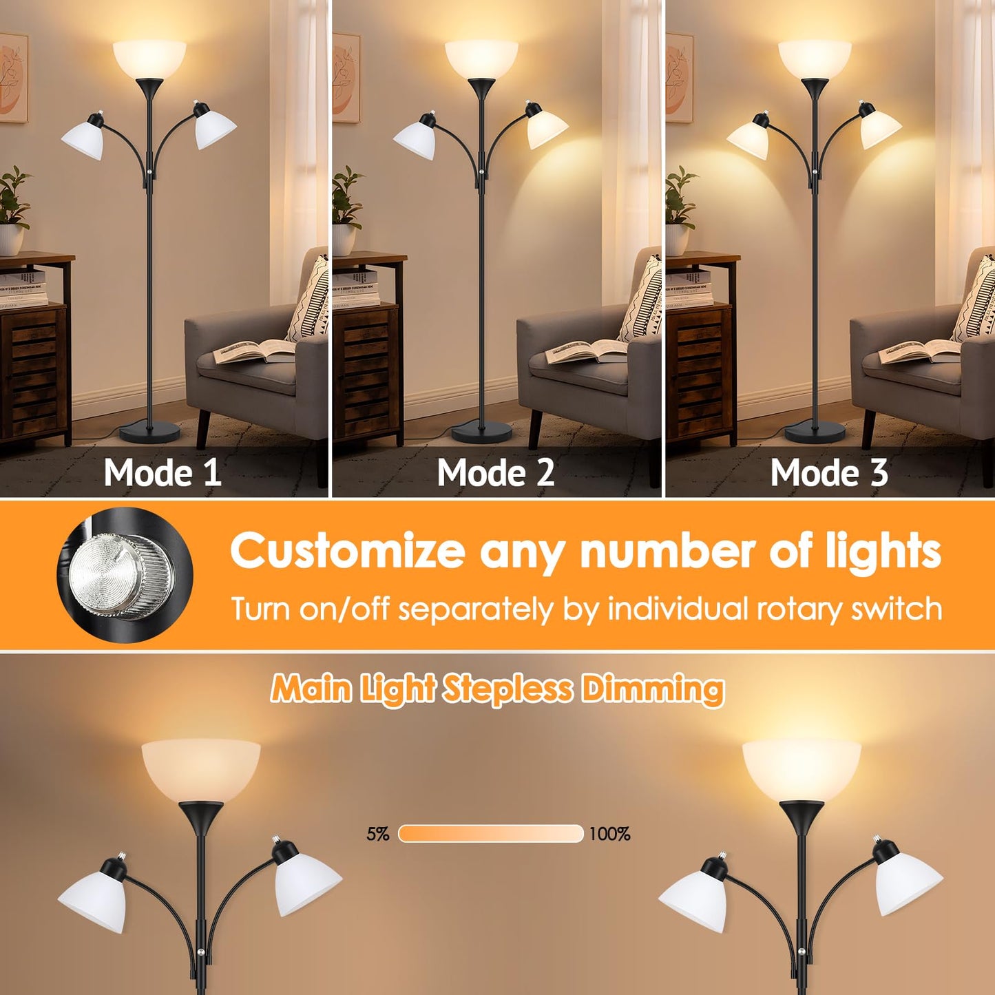 Coucrek Torchiere Floor Lamps for Living Room,72" Dimmable Lamp with 2 Adjustable Reading Lights for Bedroom, Black Tall Standing Room Lamp, 3 Bulbs Included