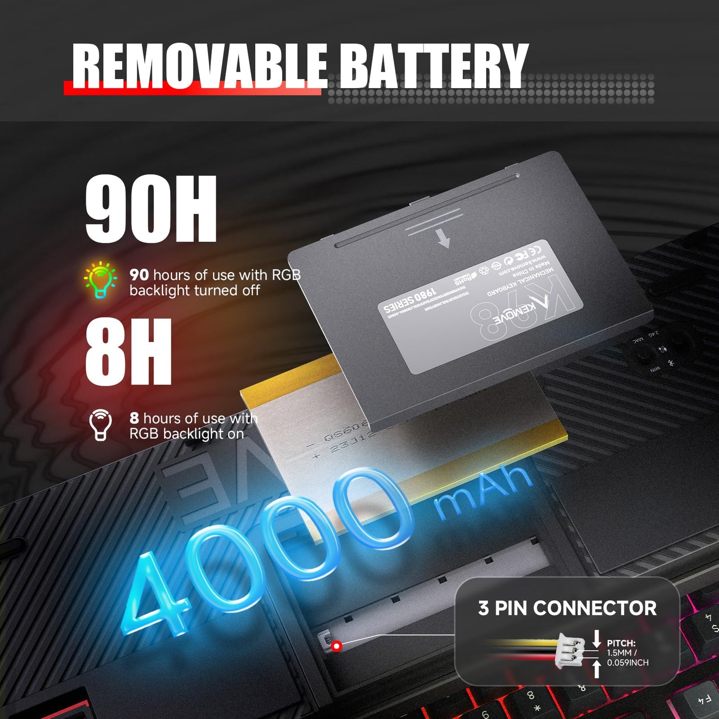 KEMOVE K98 Wireless Gaming Mechanical Keyboard with BT5.0/2.4G/Type-C,RGB Backlight,98 Keys Hot-Swappable,4000mAh Massive Battery,Software Support,Diamond Silence Red Switch