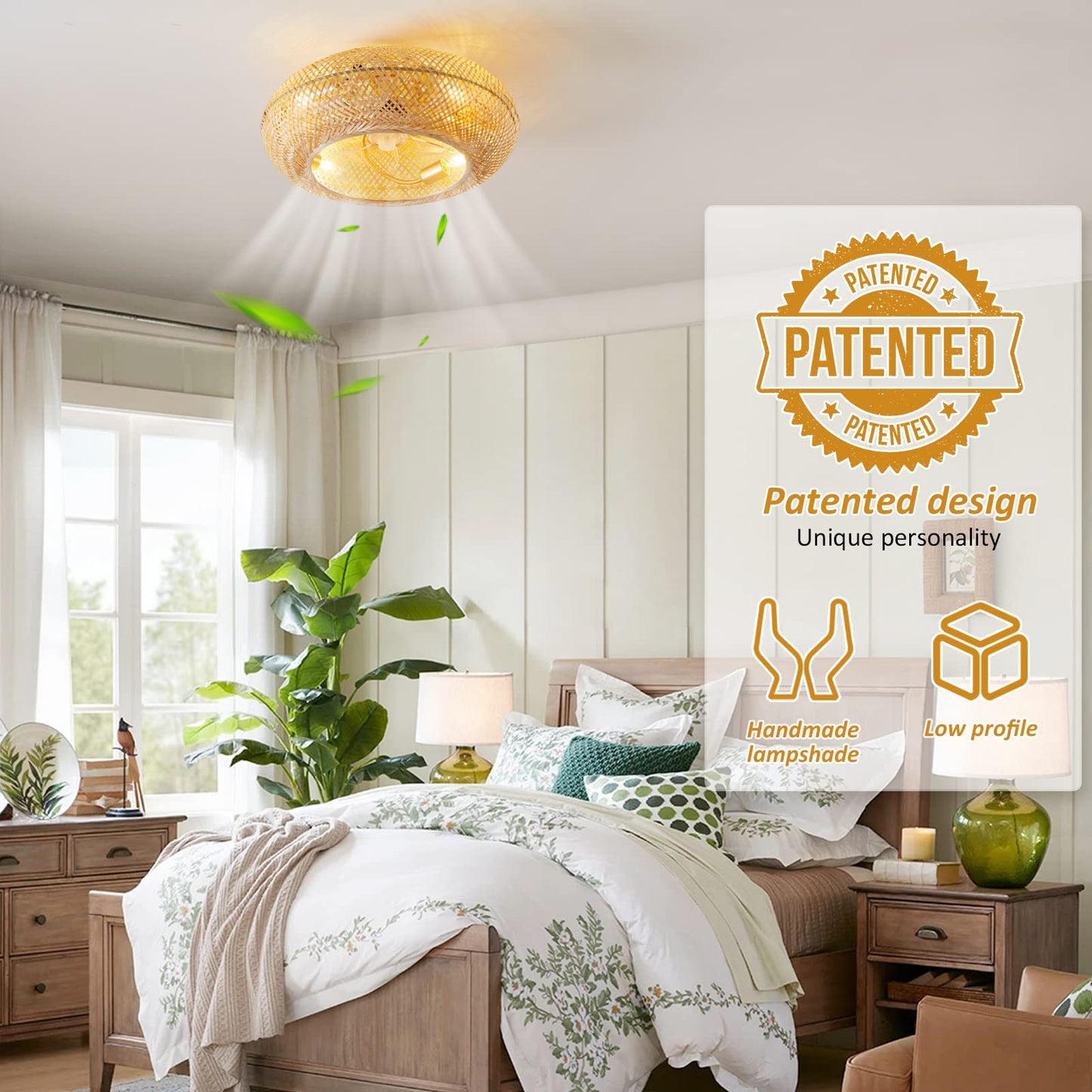 20" Boho Ceiling Fans with Lights and Remote Control,Rattan Caged Flush Mount Ceiling Fan with Light, Enclosed Timing 6 Speeds Reversible for Living Room Bedroom Dining Room