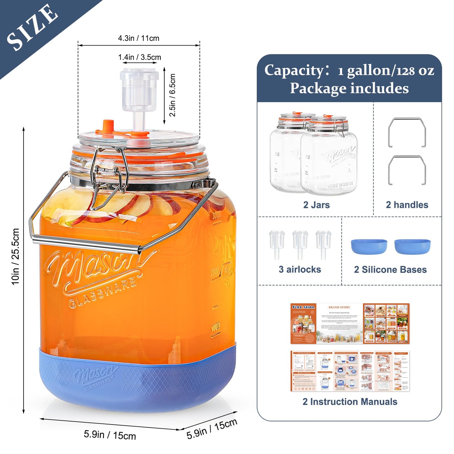 Folinstall 1 Gallon Fermentation Jar with 3 Airlocks, Stainless Steel Handle, Non-Slip Silicone Base, 128 oz Glass Storage Jar for Mead Making, Wine Making, Sourdough Starter, 2 Pack