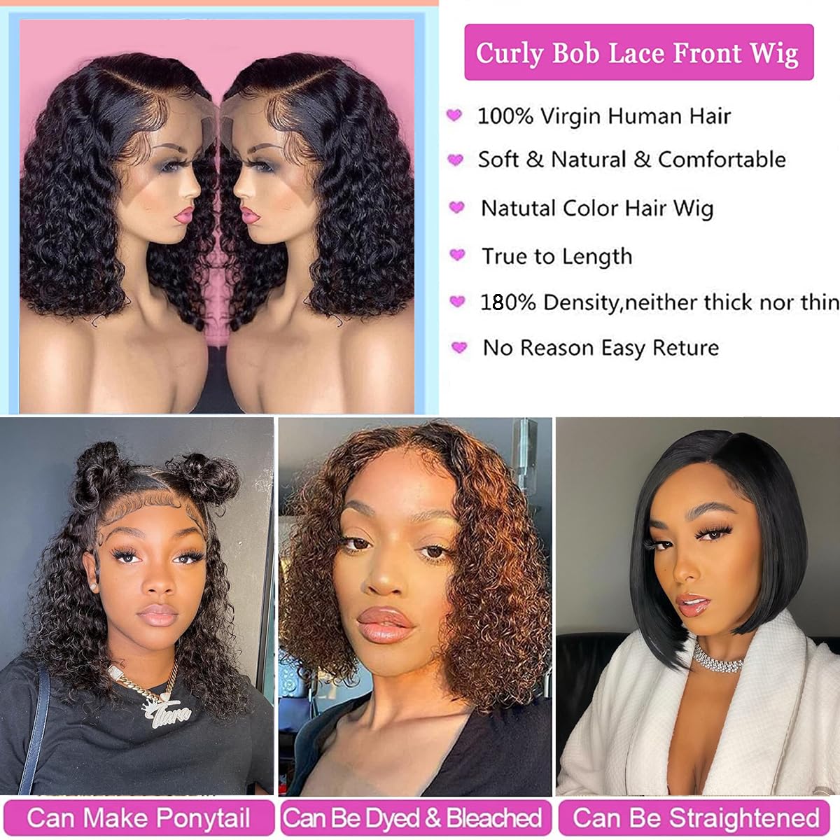 Tascal Short Bob Wig 13x6 Lace Front Wigs Human Hair Brazilian Virgin Curly Wave Human Hair Bob Curly Wigs for Black Women Pre Plucked with Baby Hair Wet and Wavy Wigs 180% Density (14 Inch)