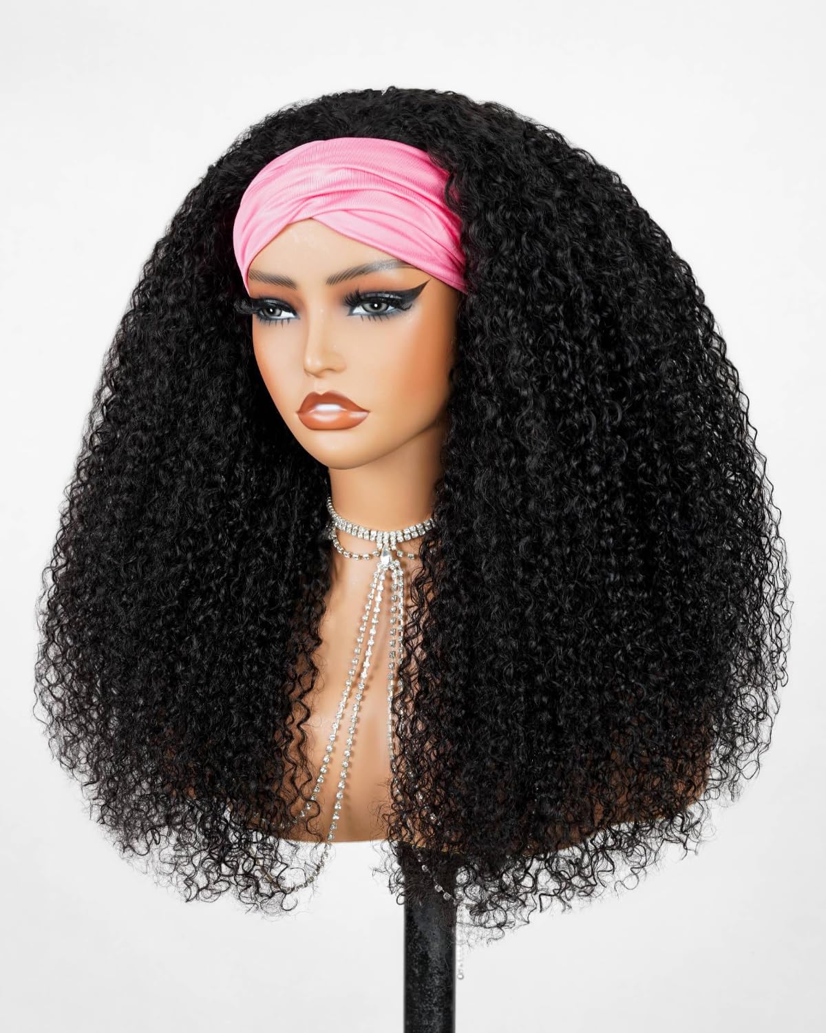 Megalook hair Headband Wig Human Hair Kinky Curly Glueless Wigs Human Hair Machine Made No Lace Headband Wigs,Natural Black Kinky Curly Wig Drawstring Ponytail for Black Women 16 Inch