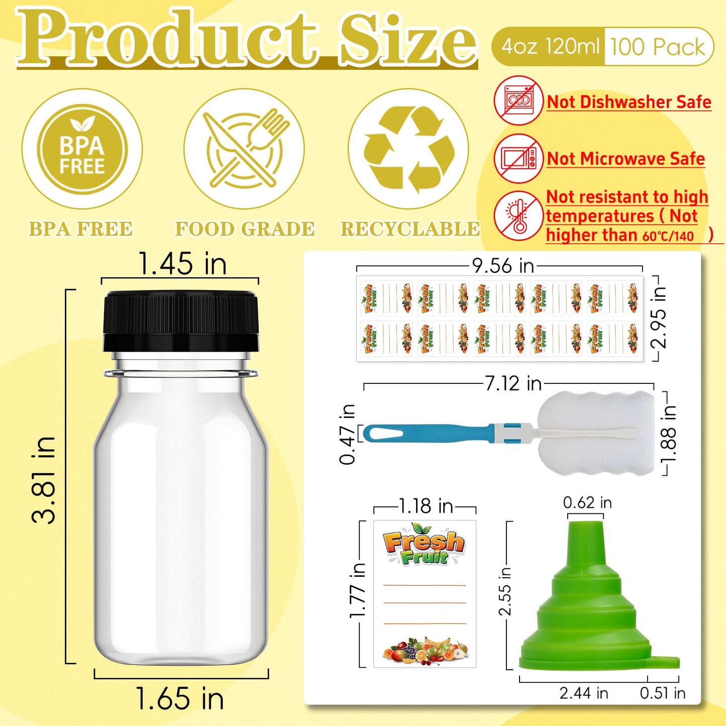 100 Pcs 4 oz Plastic Juice Shot Bottles with Caps, Clear Ginger Shots Bottle with Lids, Small Bottles for Liquids, 4 oz Plastic Reusable Leak Proof Mini Containers for Juice,Milk,Ginger,Whiskey,Water