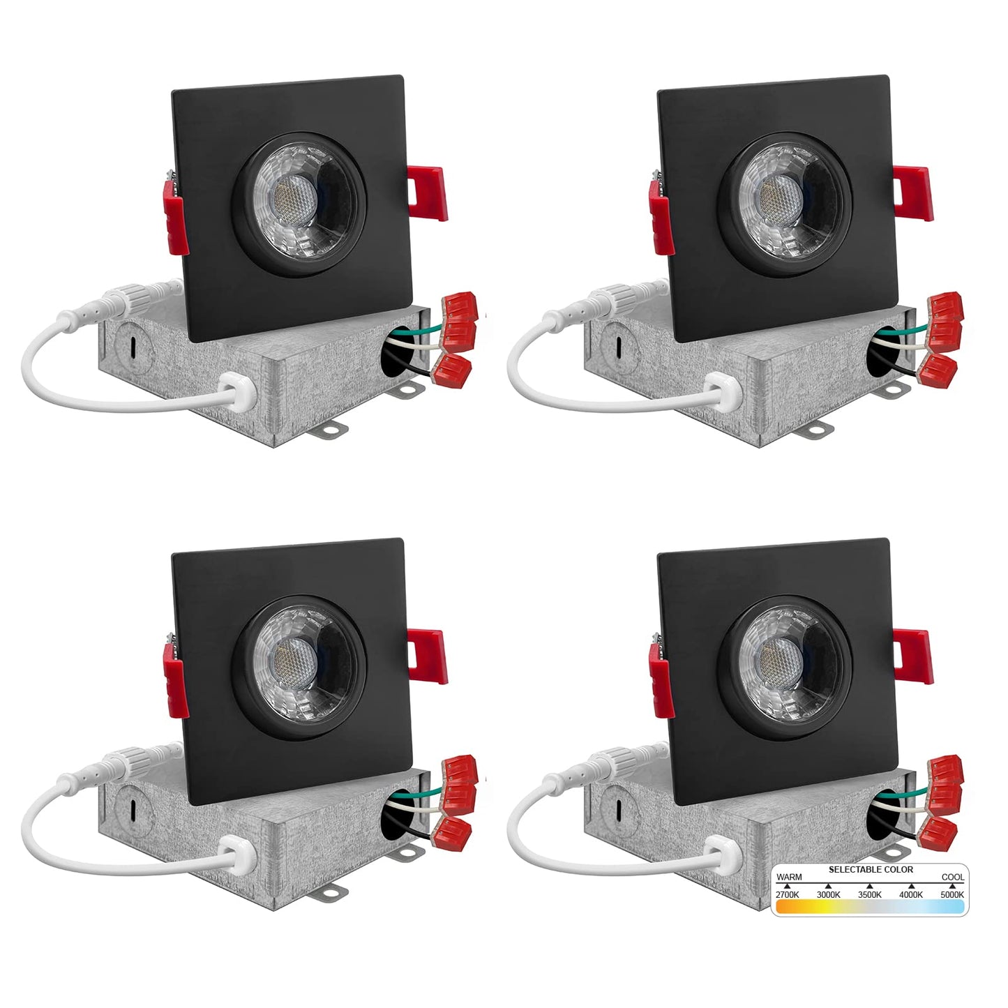 NUWATT 3 Inch LED Gimbal Recessed Lights Black Square, 5CCT 2700K/3000K/3500K/4000K/5000K Selectable 8W, 600 Lumens, IC Rated, Wet Rated, 120V, Dimmable, Canless Adjustable Recessed Lighting, 4 Pack
