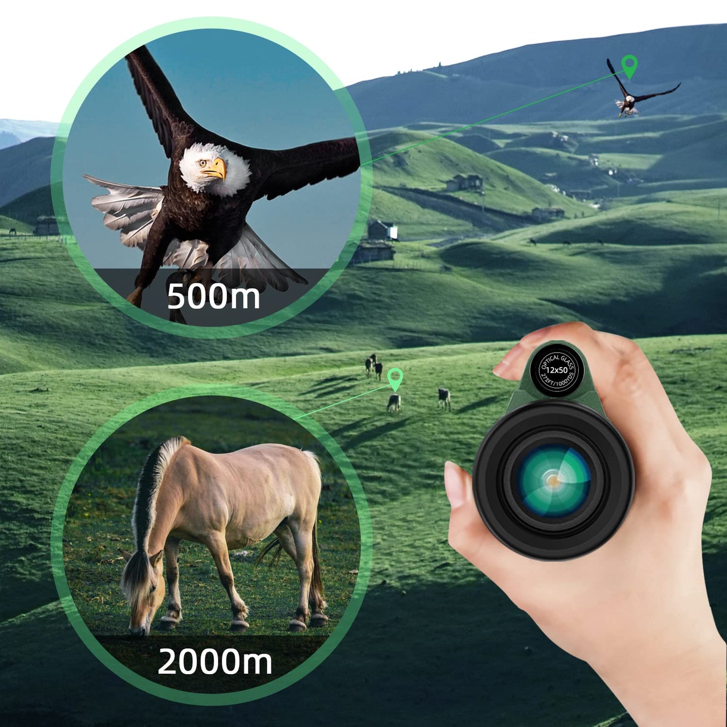 12x50 HD Monocular Telescope for Adults with Smartphone Adapter Tripod Hand Strap - High Power Monoculars Equipped with Large BAK4 Prism & FMC Lens - Suitable for Bird Watching Sports Hiking Traveling