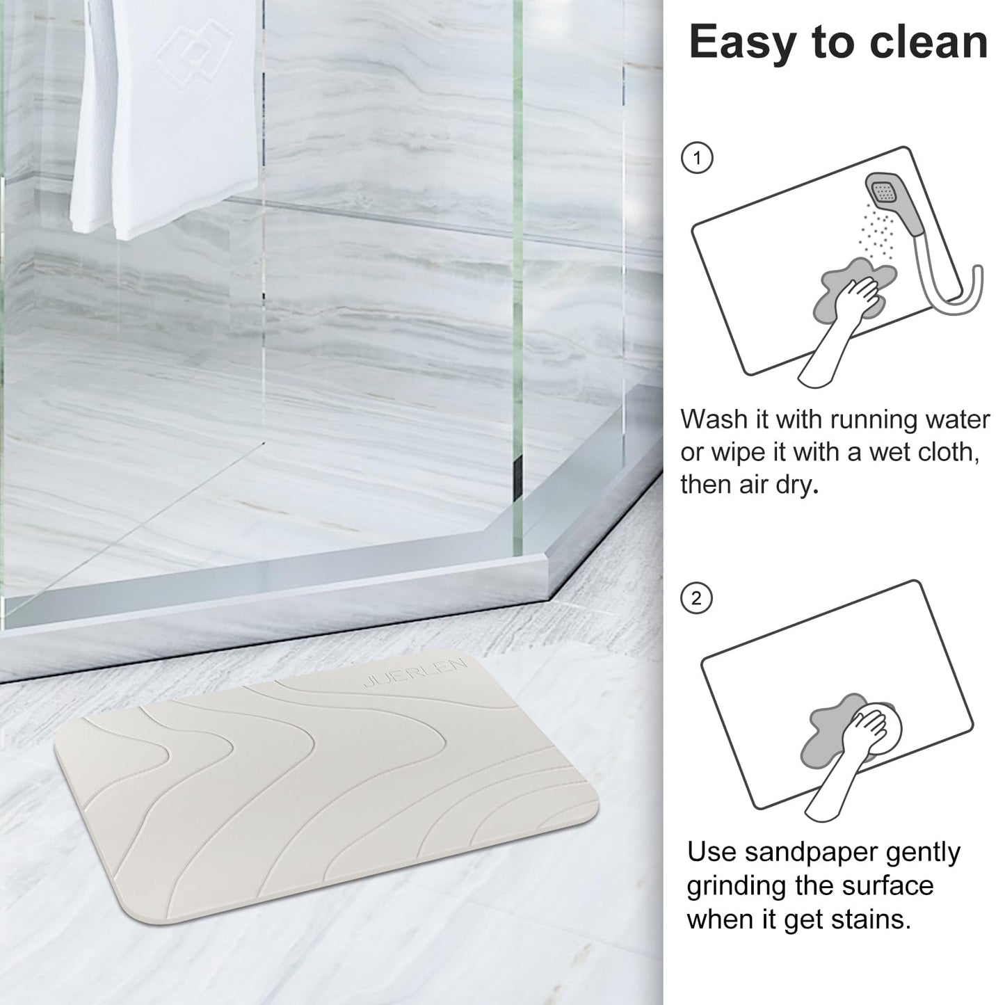 JUERLEN 2 Pack Diatomaceous Earth Shower Mat, Stone Bath Mat, Nonslip Super Absorbent Fast-Drying Hard Bath Mat for Bathroom Shower Floor, 24 x 16 inch, Pallid Wave Design