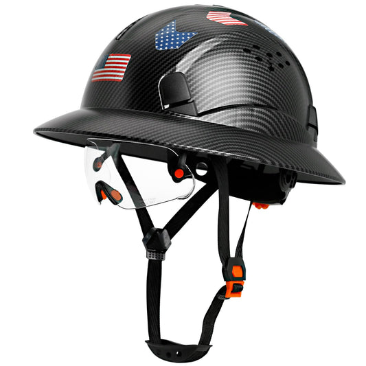 Aolamegs Safe Matte Black Carbon Fiber Pattern Full Brim Hard Hat with Visor - Vented Hard Hats Construction OSHA Approved for Men Adult, Reflective Safety Helmet with Chin Strap,6-Point Suspension