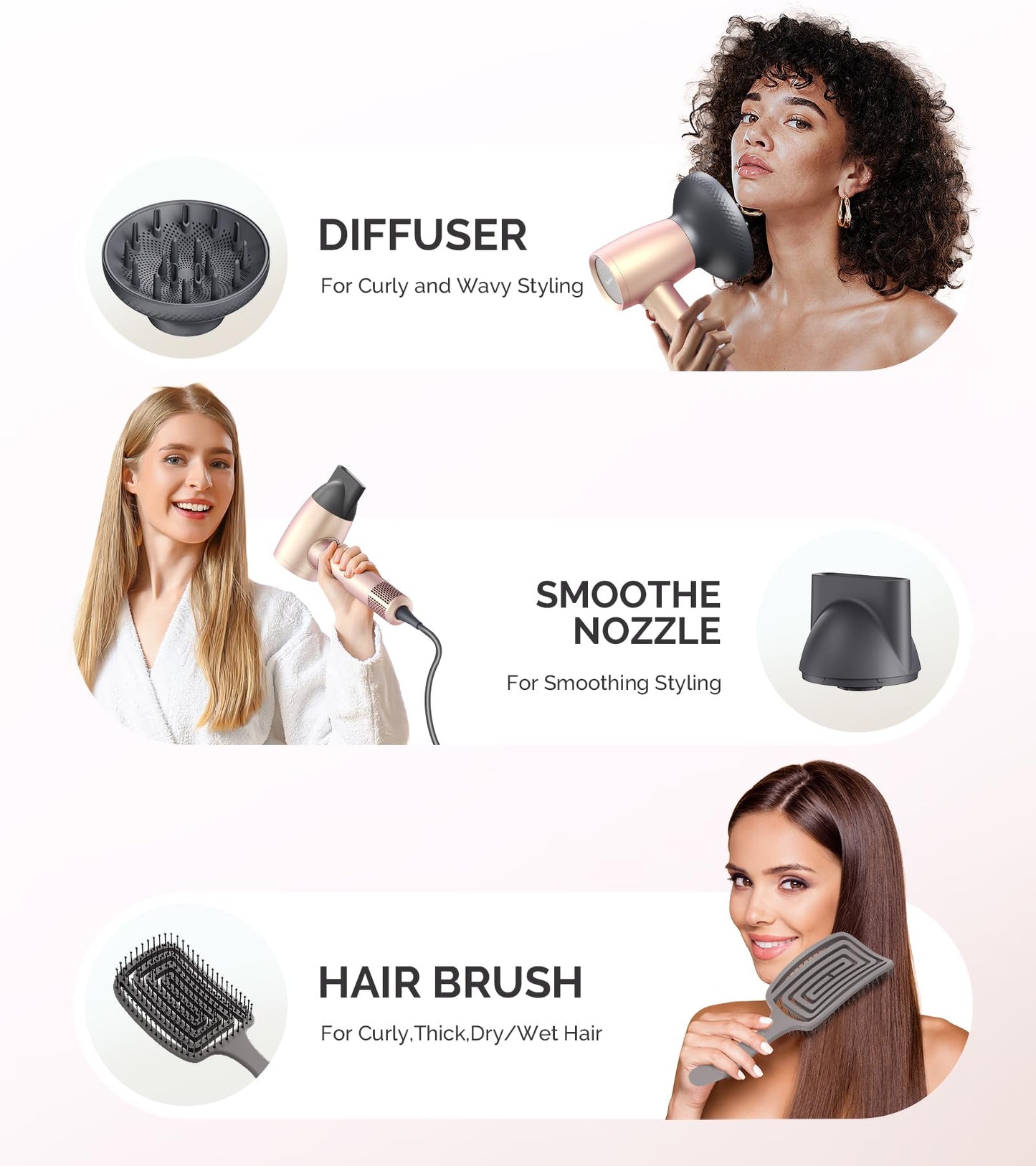 MelodySusie Hair Dryer with Diffuser,1600W Powerful Ionic Blow Dryer with Diffuser,Nozzle and Hair Brush,3 Temps & Stepless Speed,120000 RPM Fast Drying Low Noise Hairdryer,Ideal for Women Curly