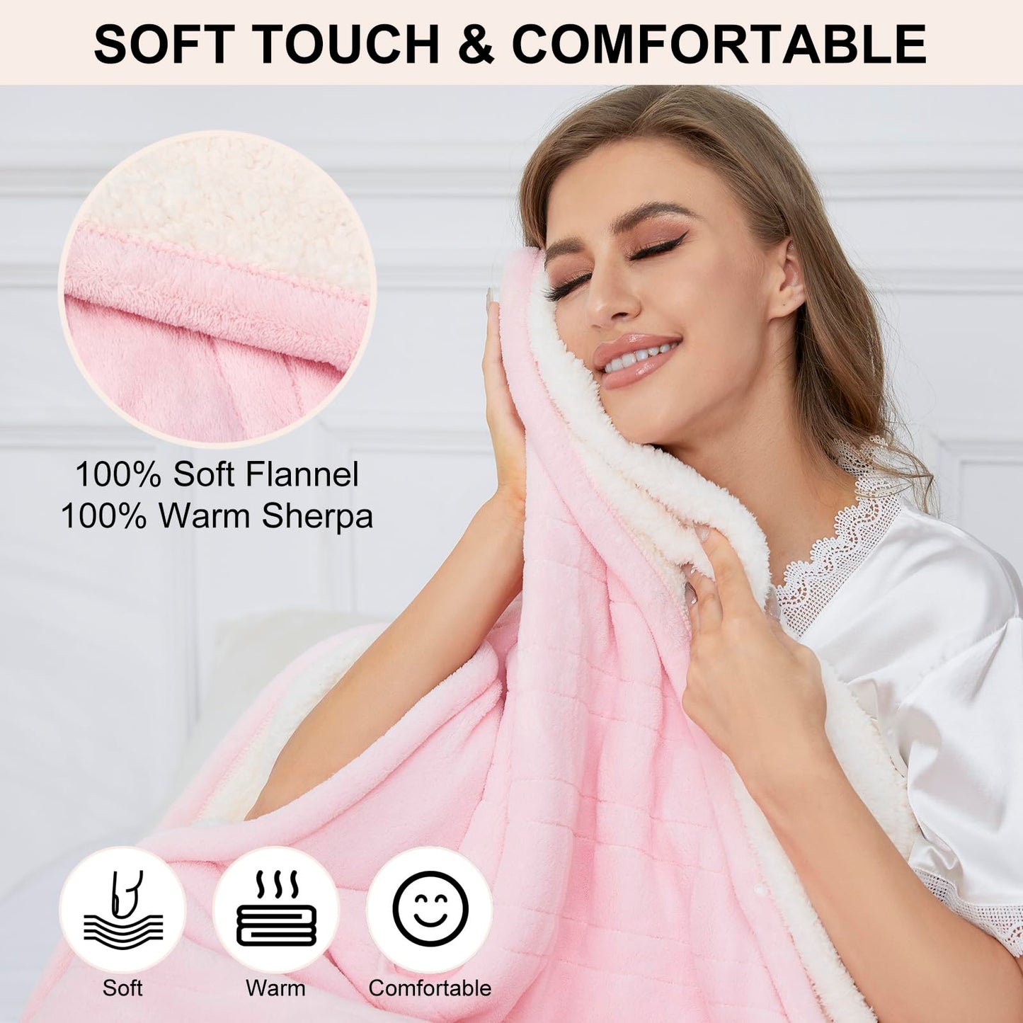 YANYEA Electric Heated Throw Blanket Sherpa 50"x60" Pink Machine Washable 6 Heat Settings 4 Hours Auto Off Overheat Protection for Home Office Use