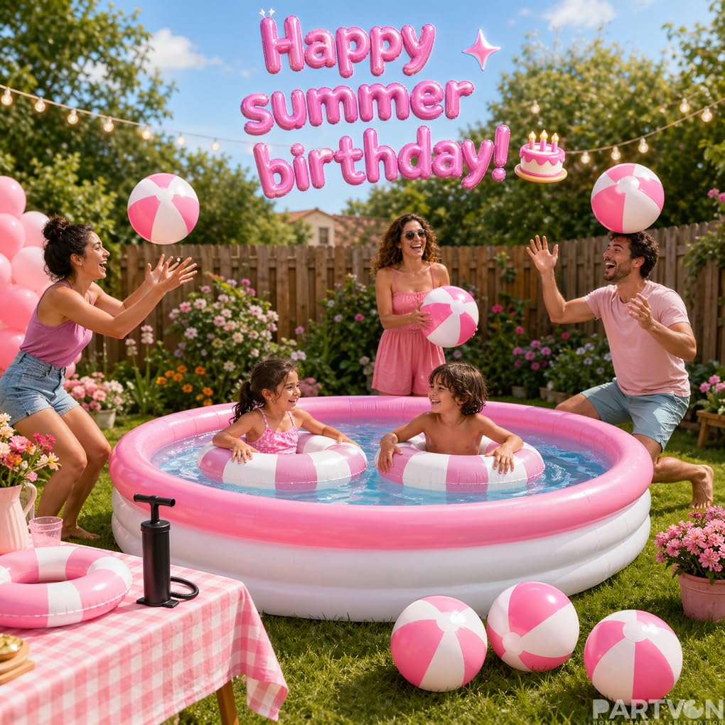 8Pcs Inflatable Pool Float Set Includes 2Pcs 22.8" Swim Ring & 6Pcs 16" Beach Ball Bulk PVC Summer Water Toys for Swimming Pool Beach Hawaiian Tropical Party Favors Decorations Supplies (Pink)
