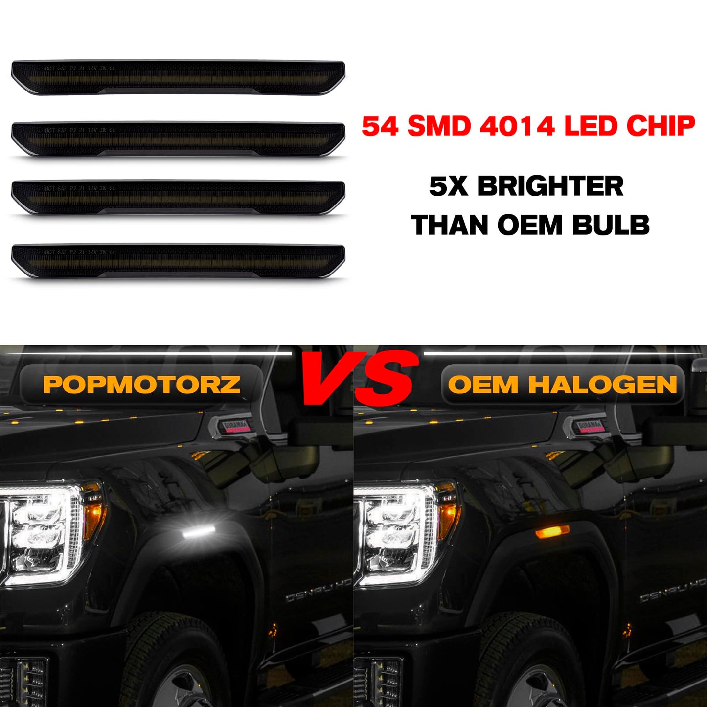 POPMOTORZ 4PCS LED Fender Side Marker Lights for 2020 2021 2022 2023 2024 2025 GMC Sierra 2500HD 3500HD Pickup Truck Front Rear Fender LED Marker Lights Replace OEM Side Marker Lamps