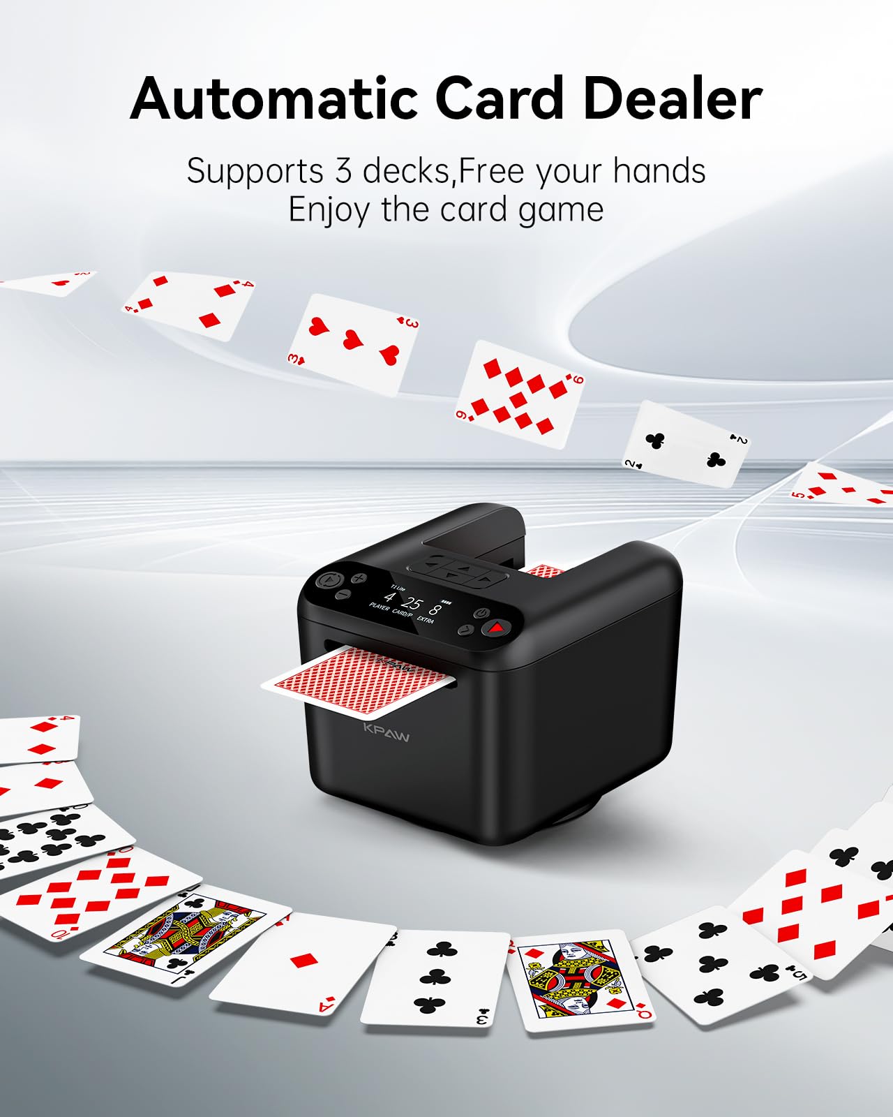 KPAW Automatic Card Dealer with 4 Wireless Remotes, Handles 1–3 Decks, USB Rechargeable Card Dealing Machine, Portable Card Dealer for Texas Holdem, UNO, Bridge, Poker More