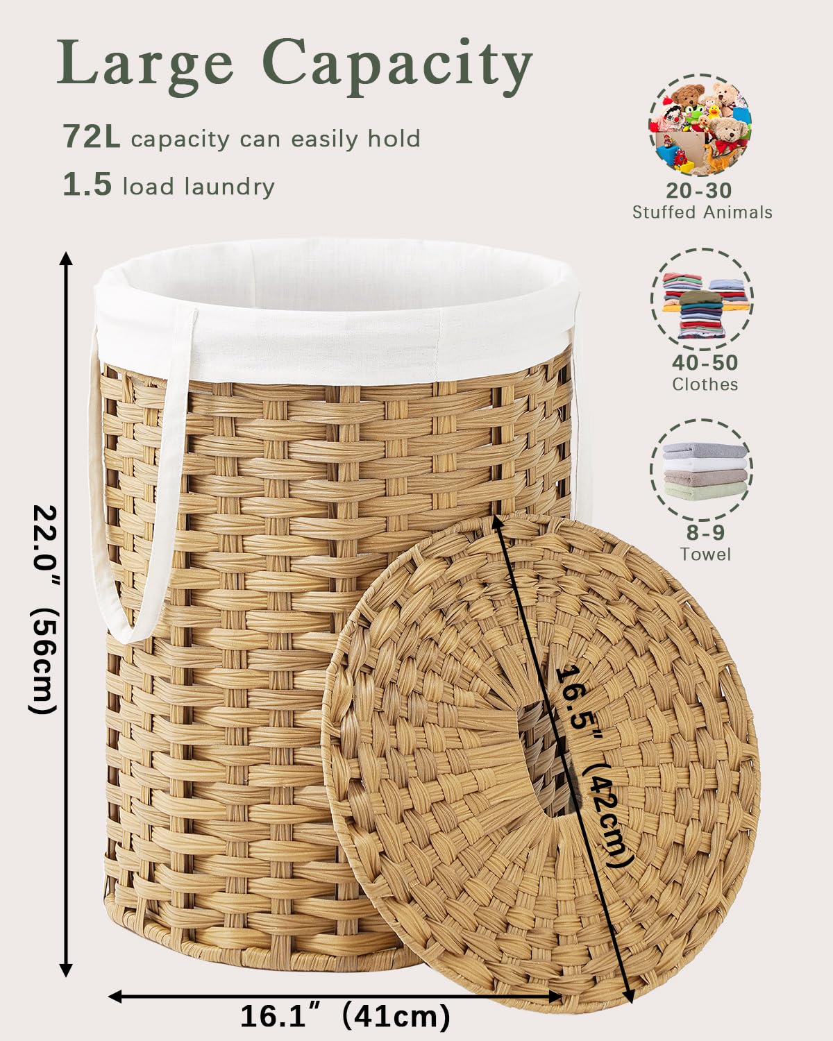 SETVSON Laundry Hamper with Lid Laundry Basket with Lid 19.0 Gal (72 L) Round Wicker Laundry Basket Handwoven Rattan Hamper Removable Bag 2 Mesh Bags Handles for Living Room Bathroom Natural