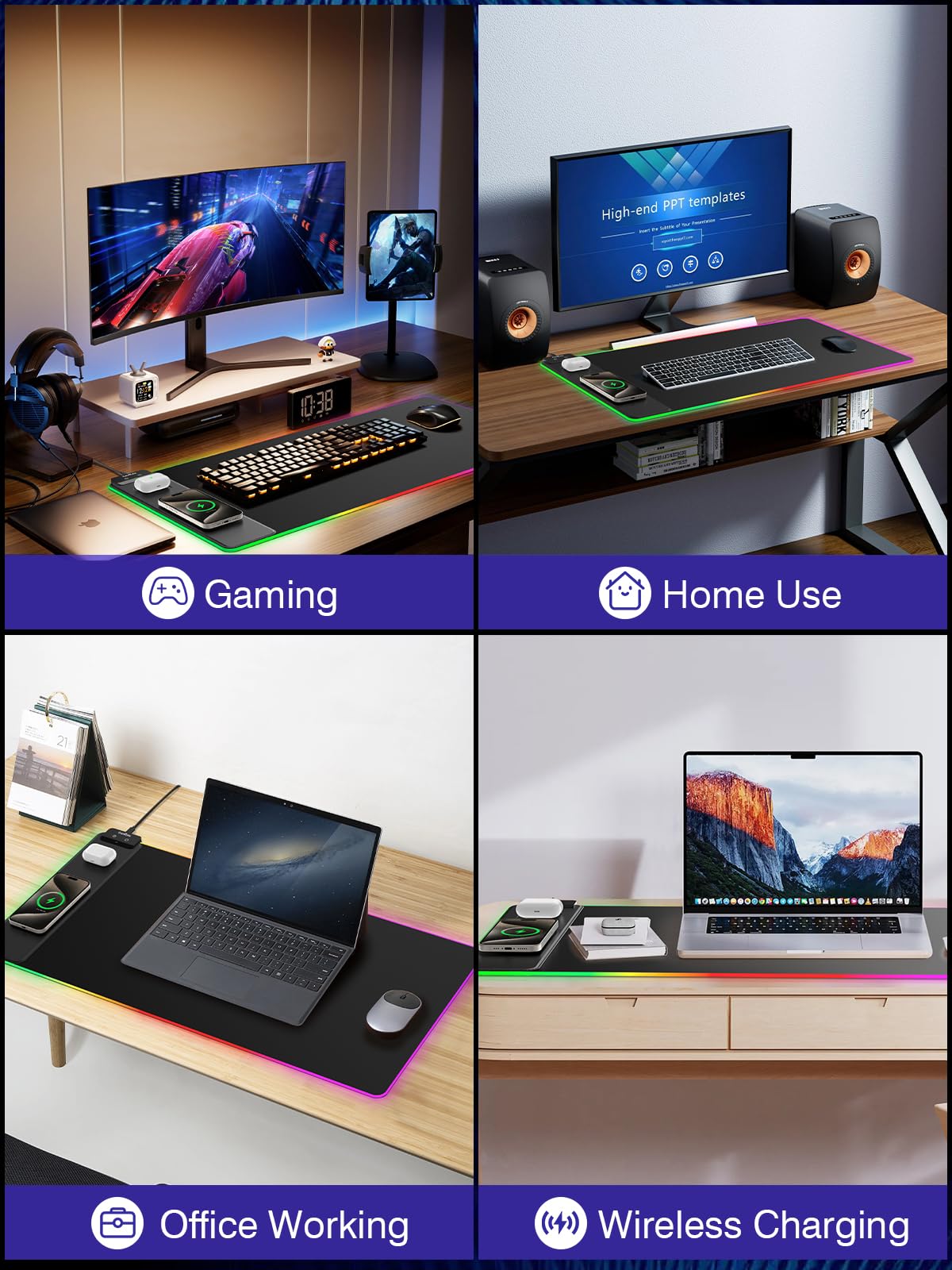 Wireless Charging Mouse Pad 15W, RGB Gaming Mouse Pad with Wireless Charger for iPhone/Airpods, 31.5"x15.7" XXL Large Desk Mat, 13 Light Modes, Magnetic Charging, Waterproof, Desk Pad for Gamer, Black
