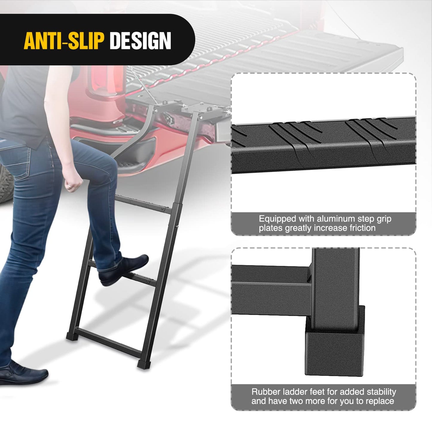 Nilight Foldable Truck Tailgate Ladder for Pickup with Aluminum Step Grip Plates, Replaceable Rubber Feet & Stainless Steel Self Drilling Hex Screws for Easy Installation