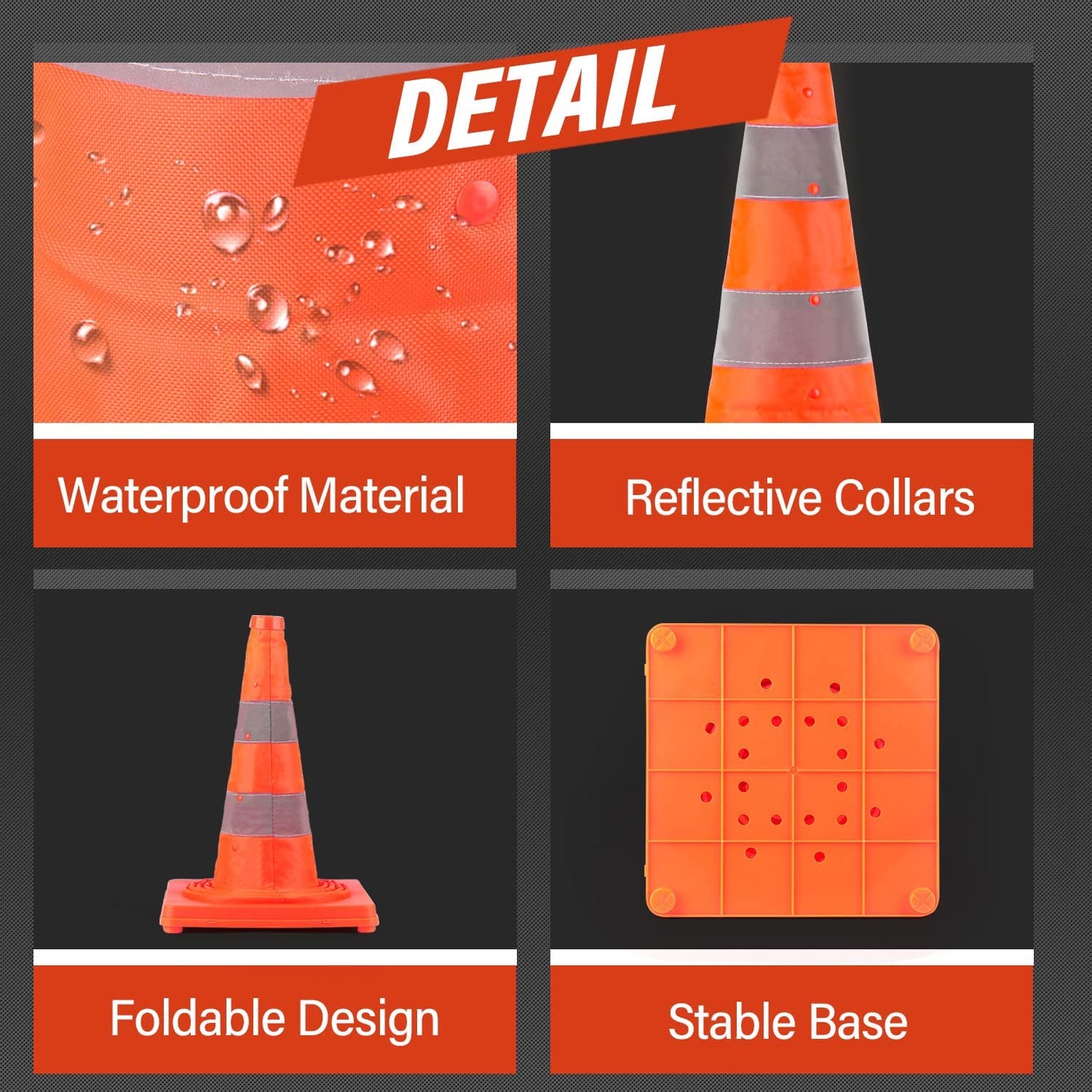 RoadHero 28 Inch 6 Pack Collapsible Traffic Safety Cones, Multi Purpose Pop-up Cones with Reflective Collar for Road Safety, Orange Cones for Driving Training, Parking Lots
