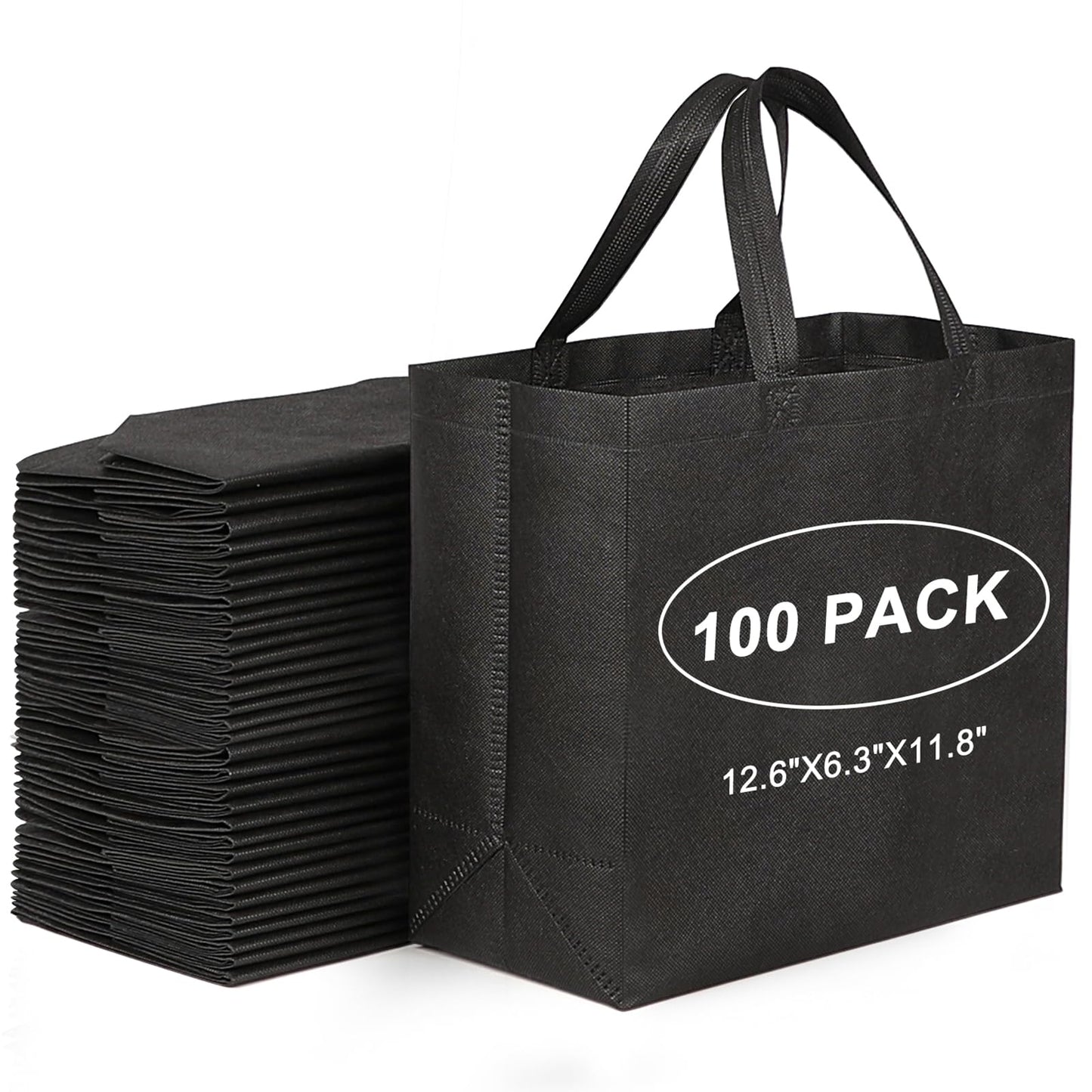 JERIA 100 Pack Black Reusable Totes Bag with Reinforced Handles Non Woven Bulk Shopping Bags