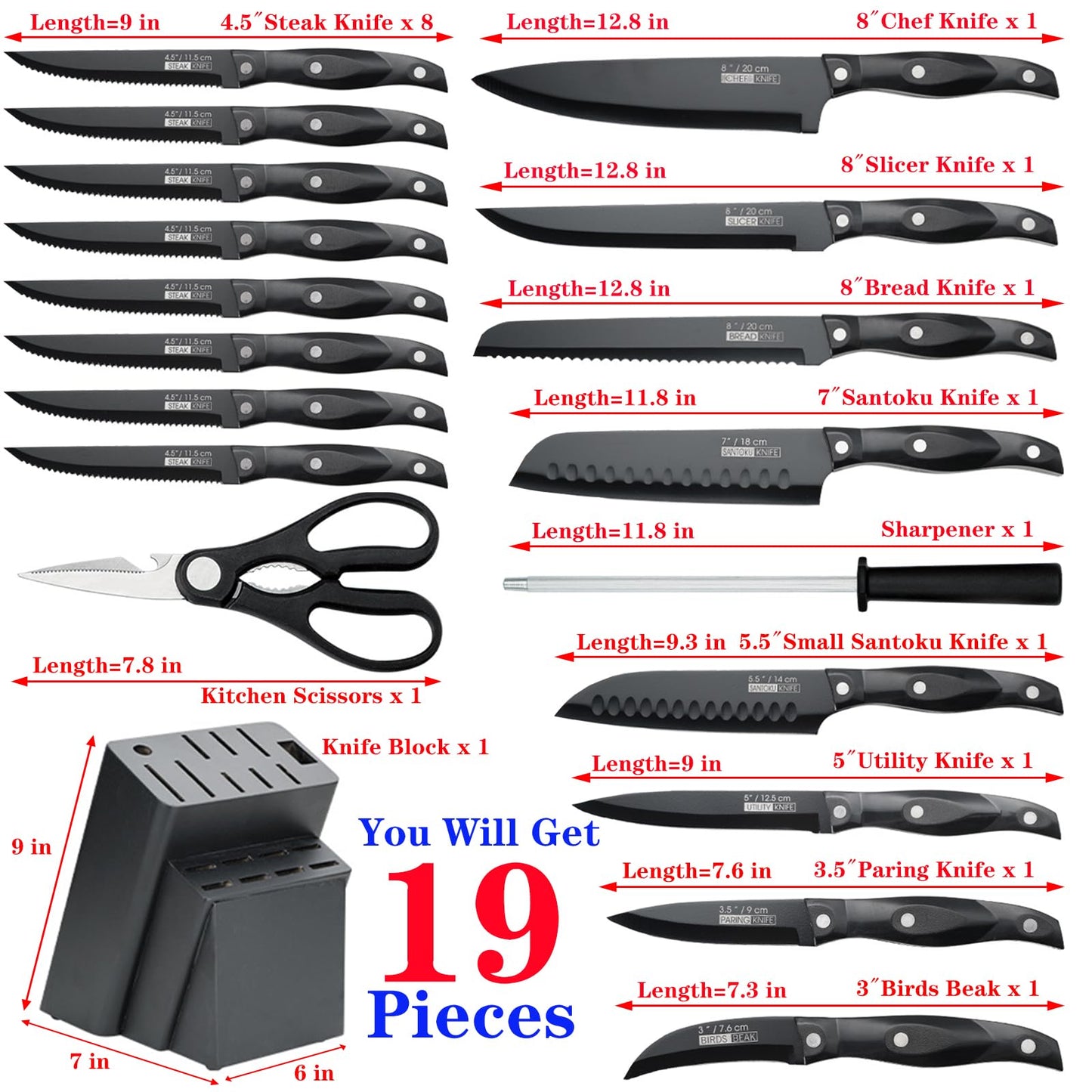 ANDONG 19-Piece Stainless Steel Kitchen Knife Set with Wooden Block & Sharpener - Chef Knives, Dishwasher Safe, Ergonomic Anti-slip Handle for Home Cooking,Black