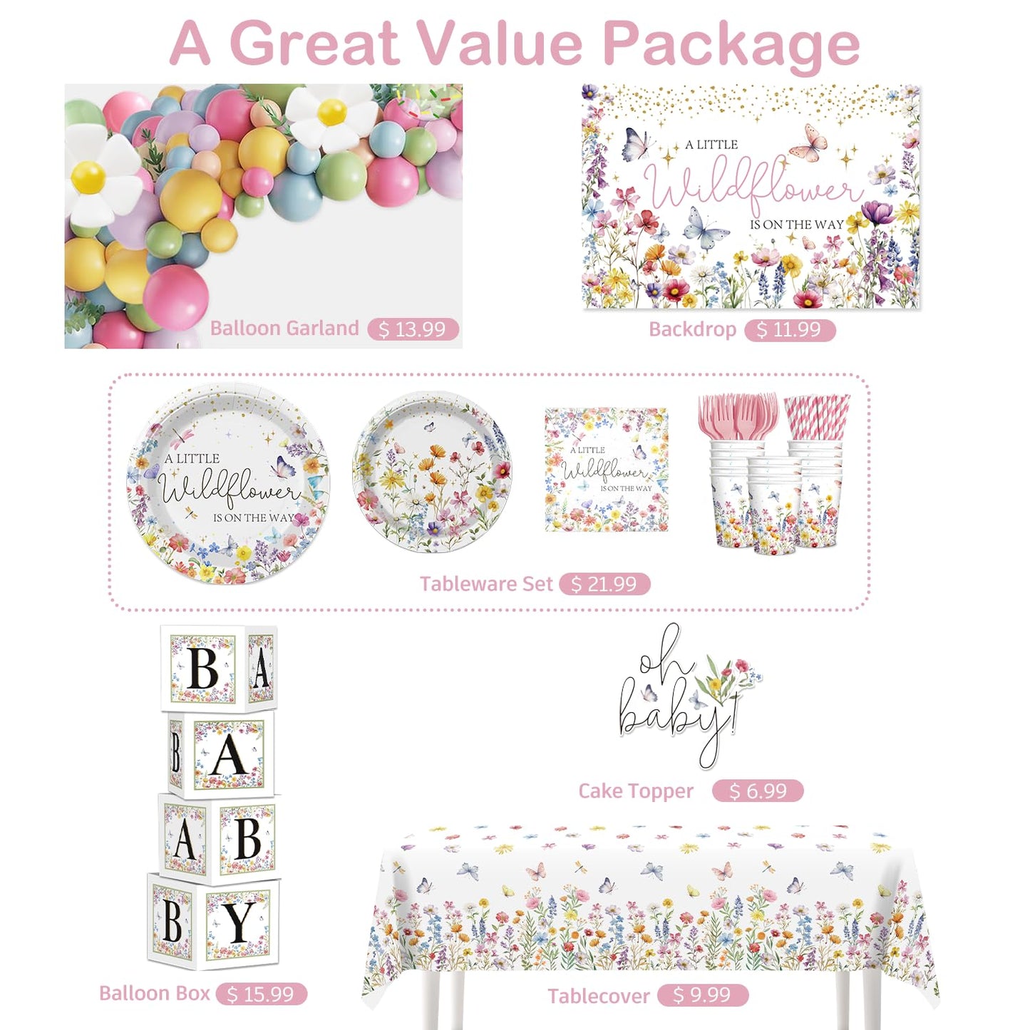 Wildflower Baby Shower Decorations for Girl, All-in-One Set A Wildflower is on the Way Baby Shower Decor, Balloon arch Cake Topper Tableware Balloon Box Backdrop Sash Corsage, Etc
