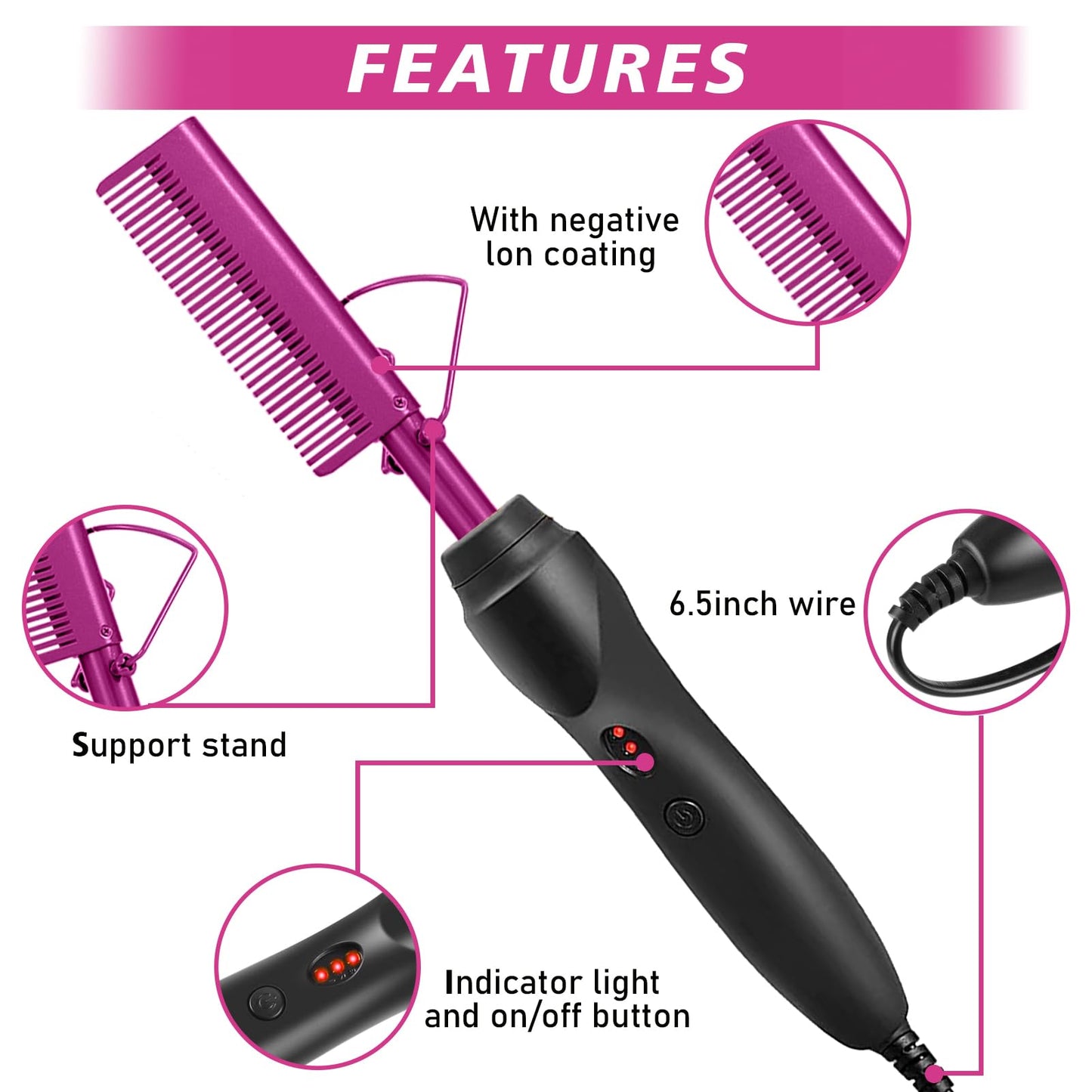 Goiple Hot Comb Straightener for Wigs and Natural Hair - Ceramic Electric Hair Straightening Comb, Curling Iron & Pressing Combs Kit
