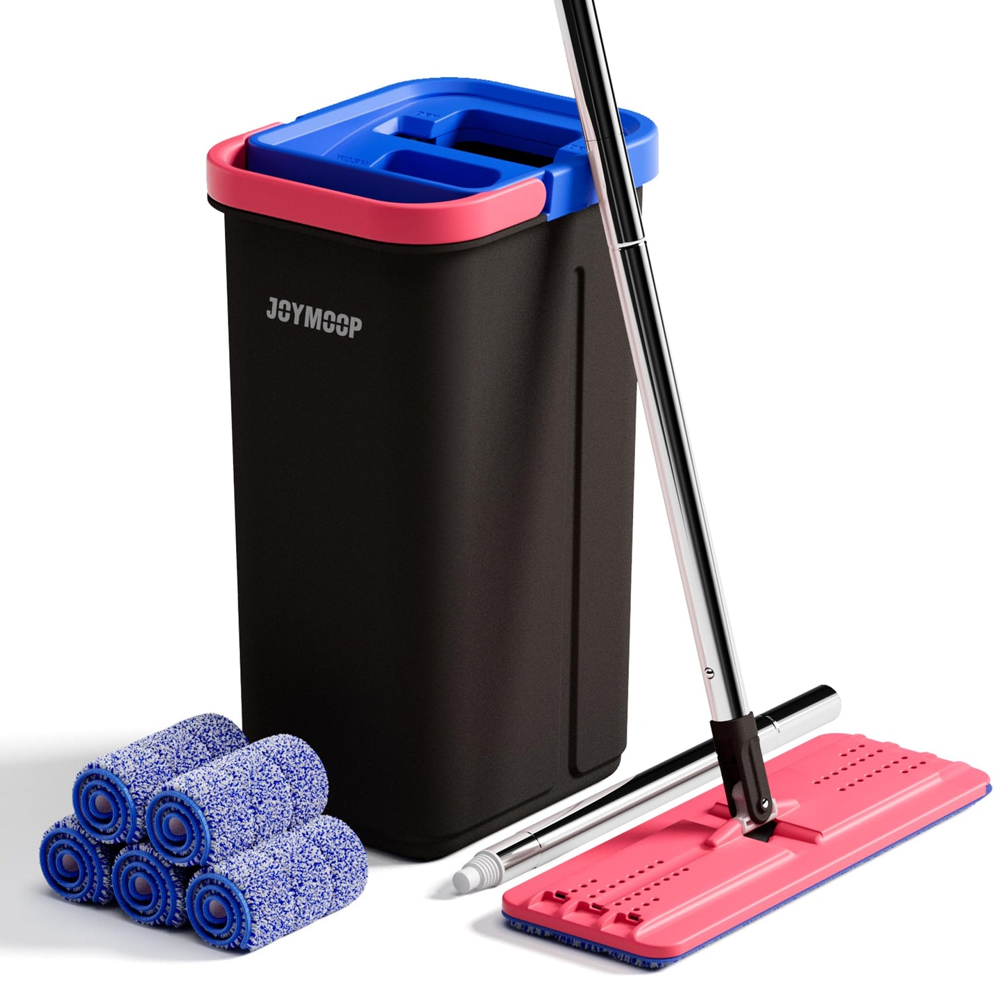 JOYMOOP Flat Mop System, Microfiber Mop and Bucket Set, Black, Floor & Wall Cleaning Mop for Home & Commercial Use, 60" Long Handle, Includes 5 Washable Pads