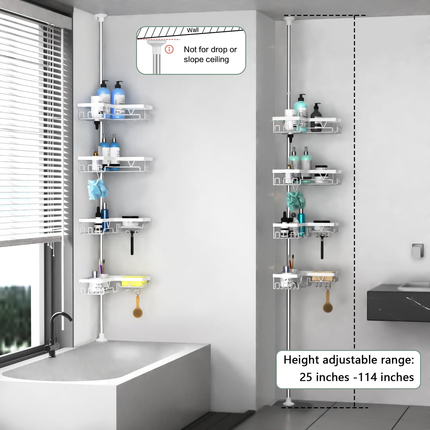 DAOYA Shower Caddy Tension Pole Corner - Stainless Steel Bathroom Organizer White Tension Rod Shower Shelves for Tub(22-114.2inch), Renter Friendly