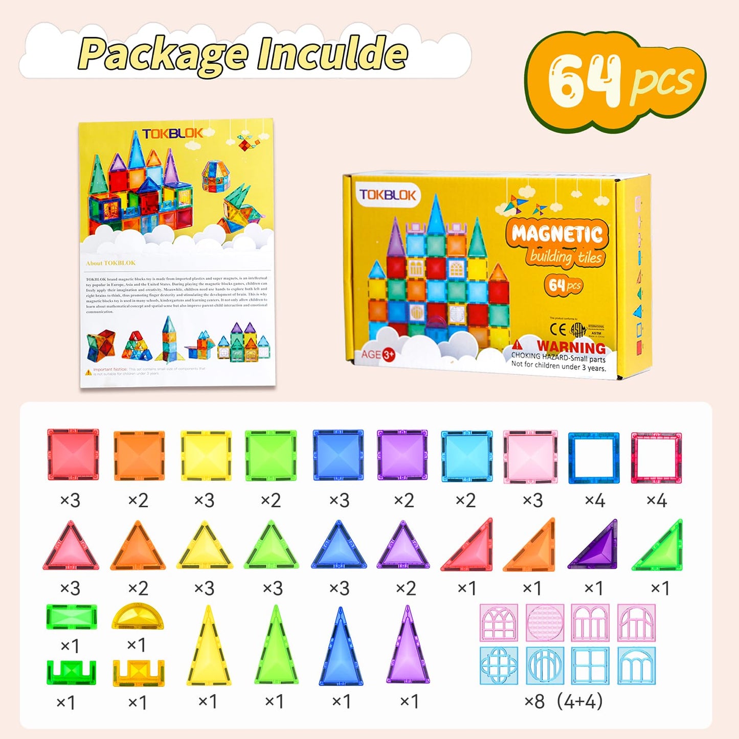 TOKBLOK Clear Diamond Magnetic Tiles – 64-Piece STEM Learning Building Blocks for Kids Ages 3-8 | Educational Montessori Toy for Toddlers, Boys & Girls (Starter Set)