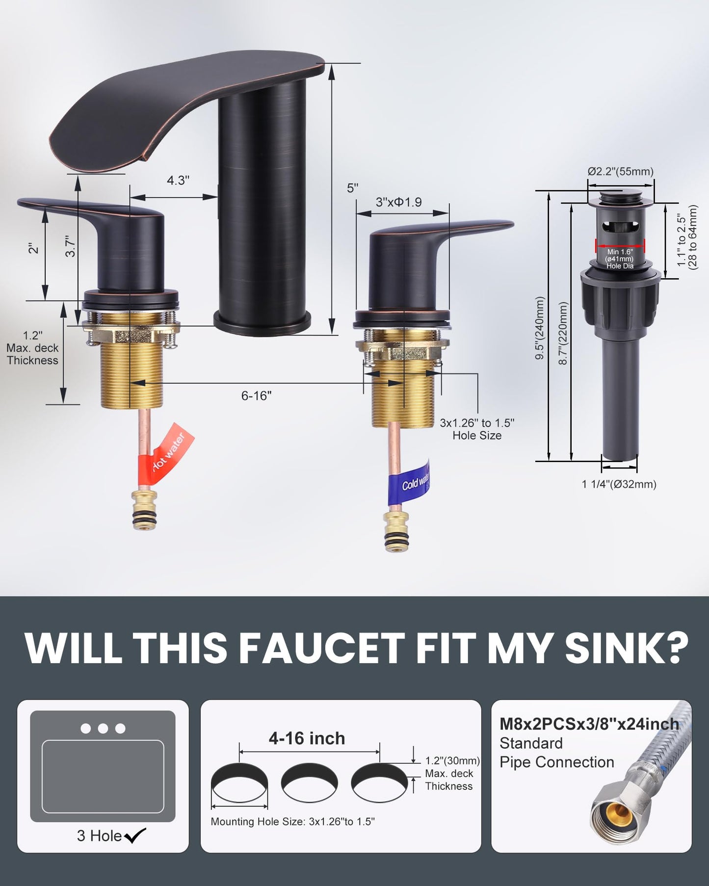 WOWOW Waterfall Bathroom Faucet 3 Holes 8Inch Widespread Bathroom Sink Faucet, Two Handles Lavatory Vanity Sink Faucets with Pop-up Drain & Supply Hoses, Modern Faucet Mixer Taps Oiled Rubbed Bronze