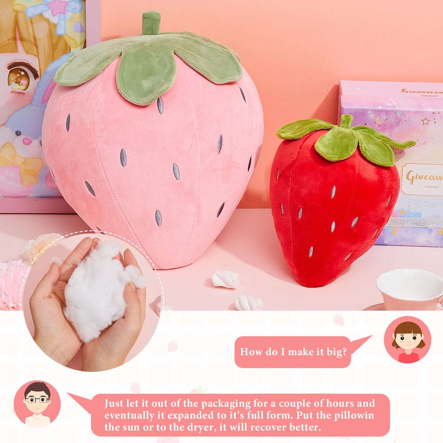 Juexica 2 Pcs Strawberry Pillow 15.7 Inch 9.8 Inch, Fruit Plush Pillow, Soft Kawaii Strawberry Bedroom Decor, Birthday Gifts for Women, Aesthetic Cute Berry Decor(Red，Pink)