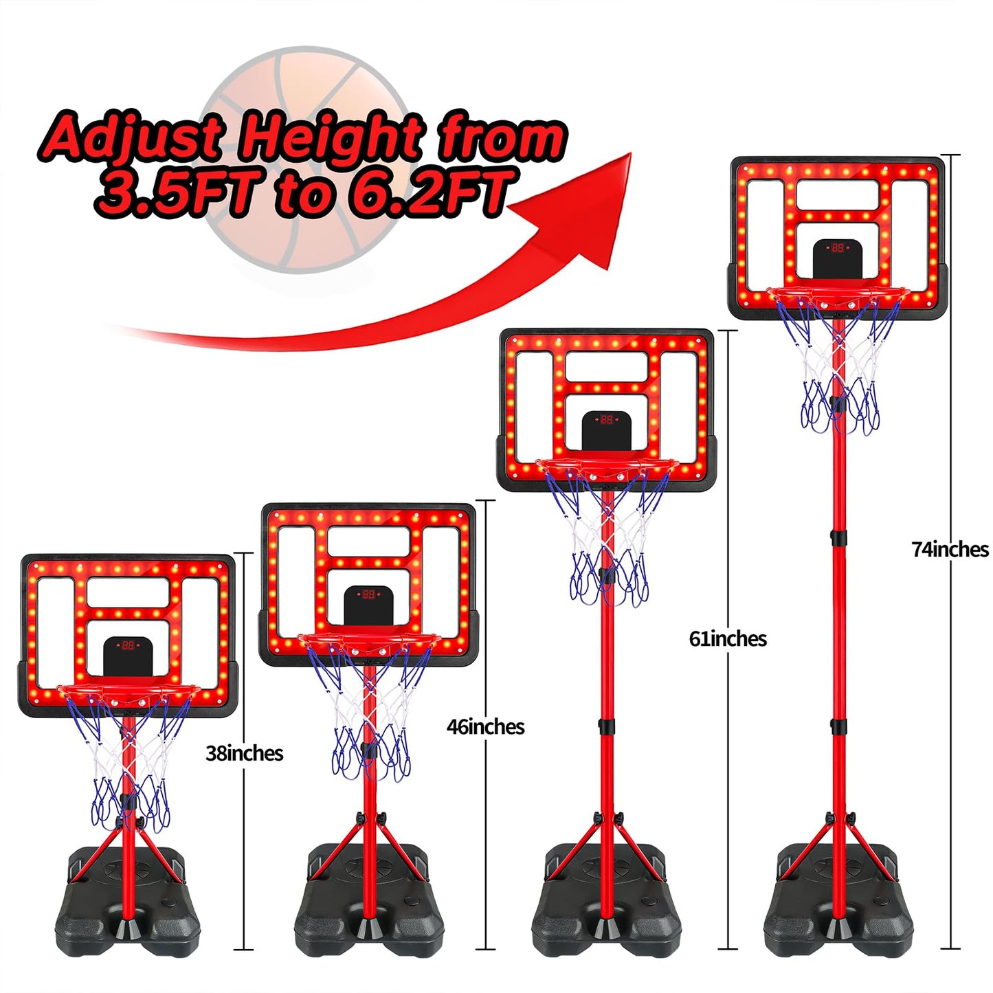 Kids Basketball Hoop Adjustable Height 3.5FT-6.2FT, Indoor & Outdoor Toddler Basketball Hoop with Scoreboard & LED, Boys Basketball Toy for 3 4 5 6 7 8 Years Gift, Portable Basketball Goals Sport Game