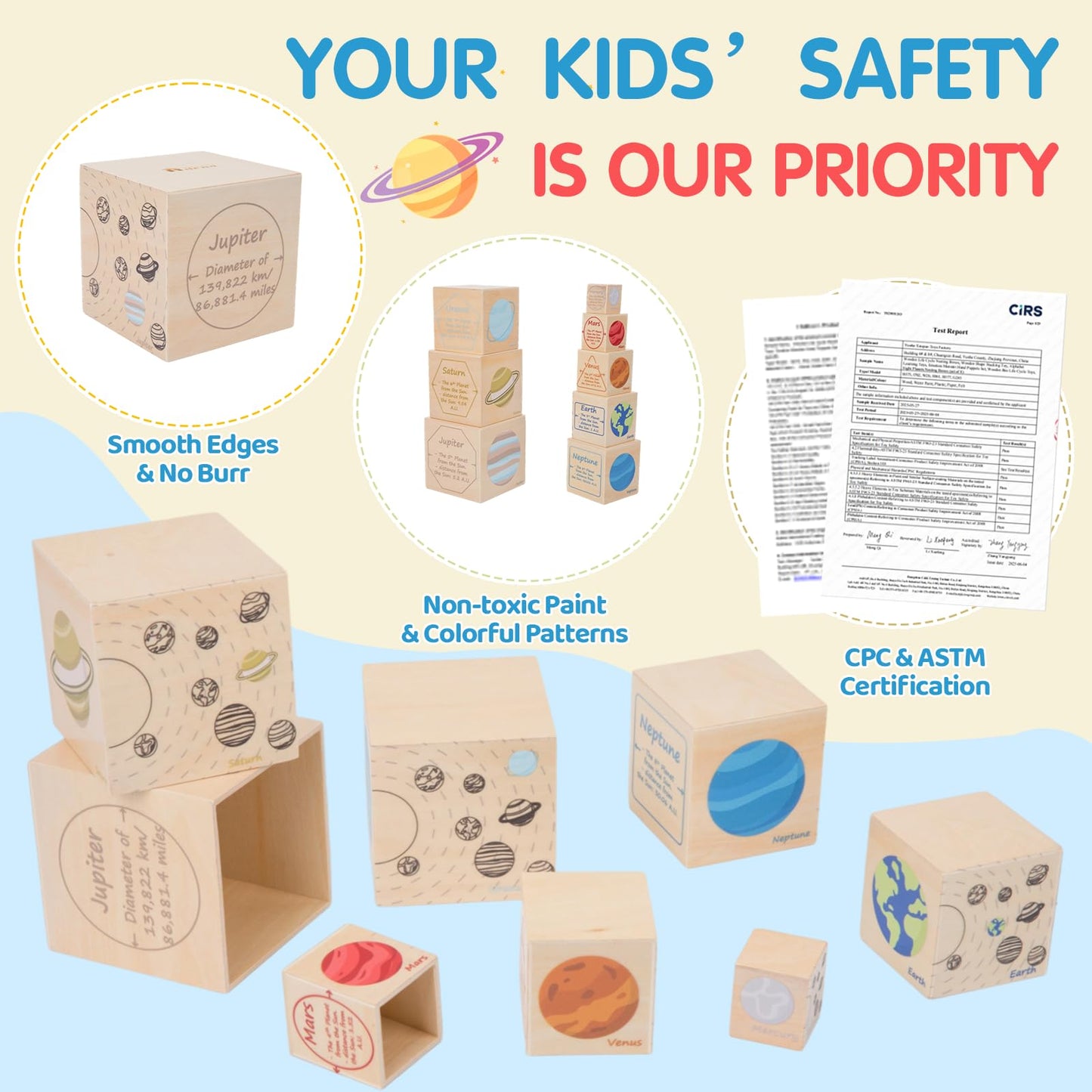 Eight Planets Wooden Blocks for Kids Ages 3+ Montessori Cube Boxes Sorting and Stacking, Preschool Educational Toys Set for Boys and Girls, Solar System