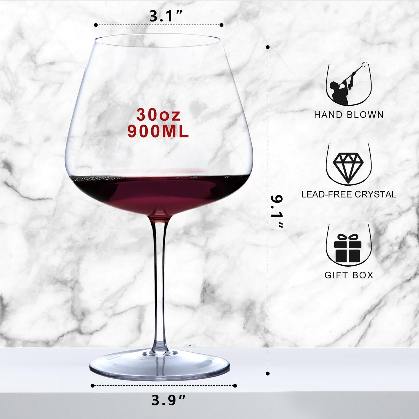 Super Large 30OZ Wine Glasses-Hand Blown Crystal Giant Wine Glasses, Big Burgundy Glasses Oversized, Red White Wine,Luxury, Elegant, Ideal Gift for Women,Men,Christmas,Anniversary,Birthday (Pack of 4)