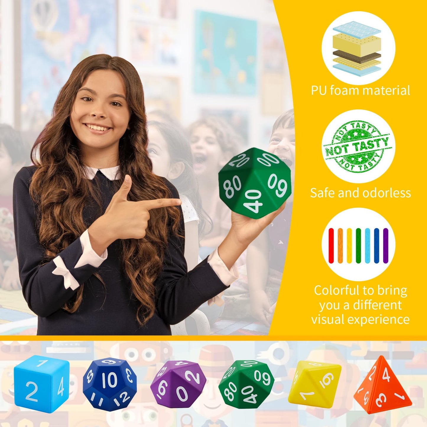 Arrowbash 6 Pcs Jumbo Polyhedra Dice 3.94 Inch Jumbo Foam Polyhedral Dice 6 Set 4, 6, 8, 10, 12 Sides Gifts for Games Teach Numbers Addition Subtraction Probability Learning, Multicolor