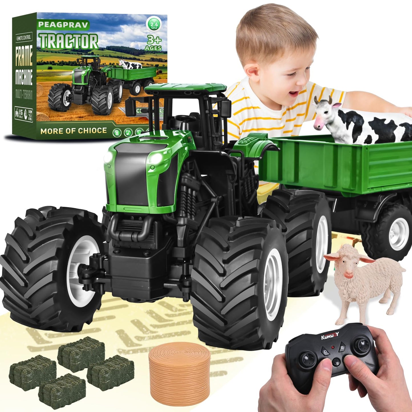 Peagprav Remote Control Tractor Toy with RC Trailer -23.6 Inches 1/16 Scale RC Monster Truck- 2.4GHz Toddlers Farm Vehicle Toys Set for Boys Girls Kids Ages 3-8 Year Old Birthday Gift