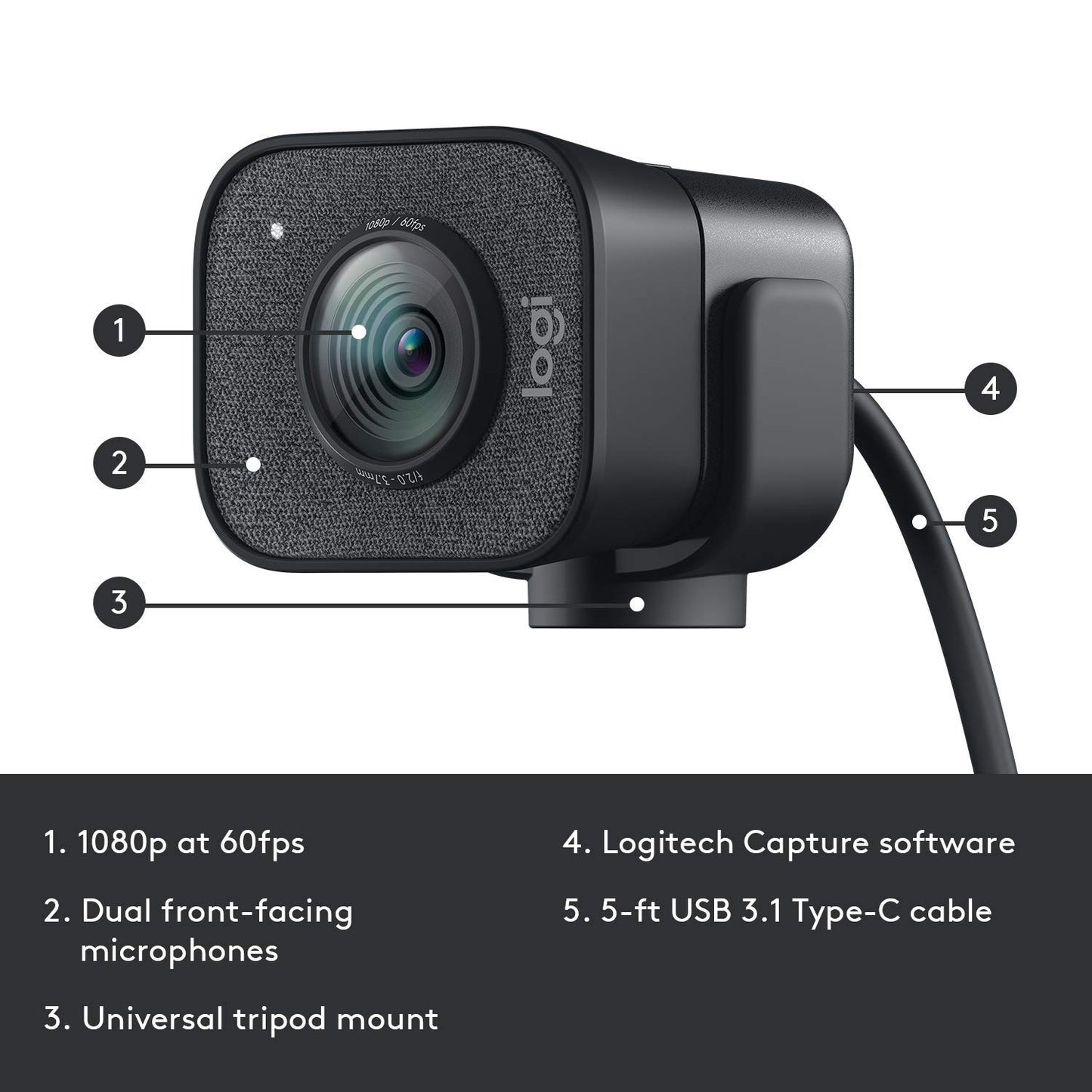 Logitech StreamCam 1080P HD 60fps Streaming Webcam Full HD Camera with USB-C & Integrated Microphone for Live Streaming and Content Creation - Graphite - 960-001280 (Renewed)