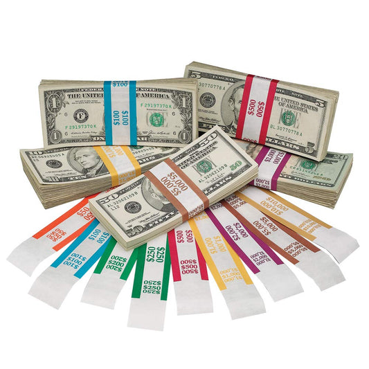 BankSupplies Assorted Money Bands | 1000 Straps of Each Denomination | Self-Sealing Bill Straps | Pressure Sensitive Adhesive | Color-Coded | White Kraft Paper | Money Wraps for Bills