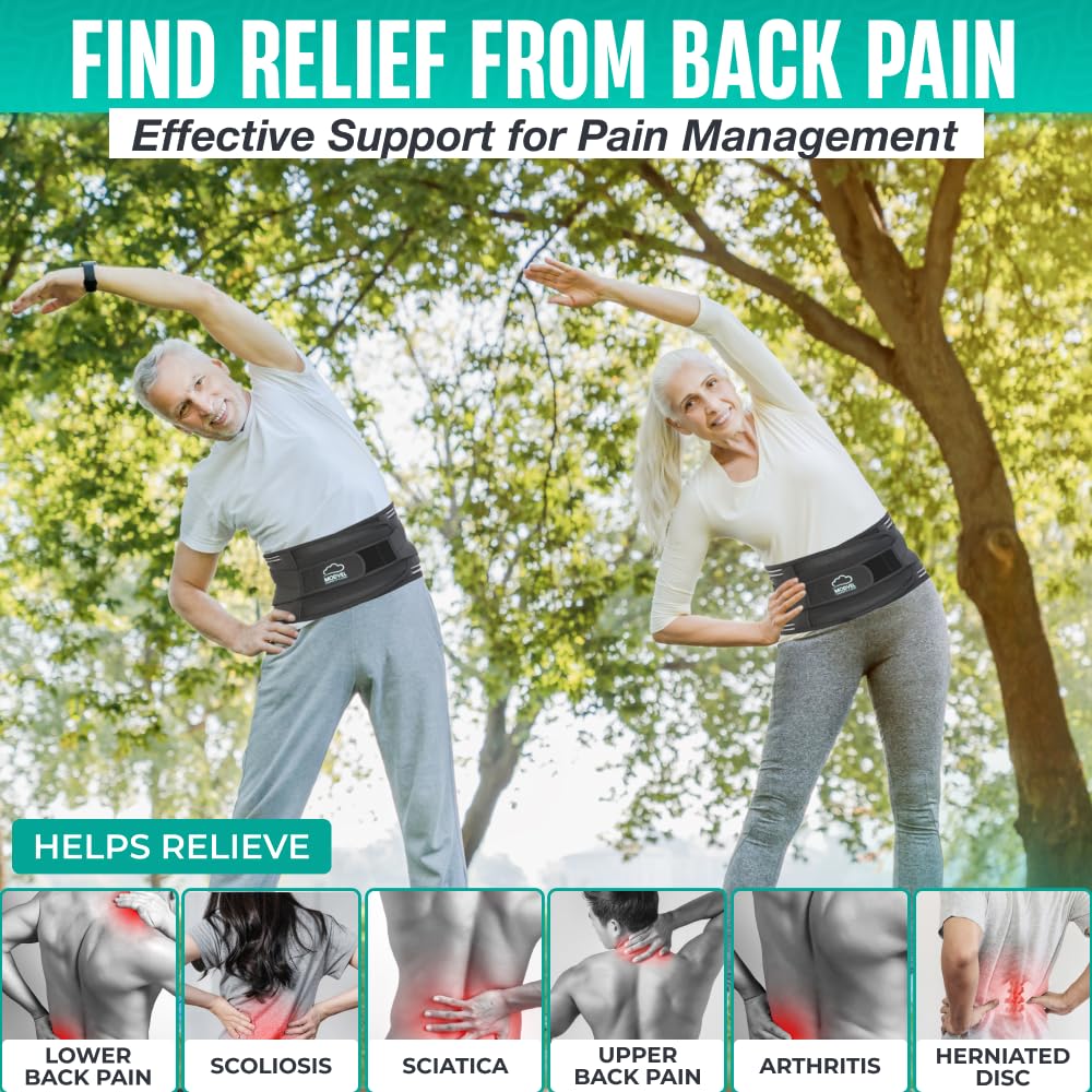 Modvel Back Braces for Lower Back Pain Relief with 6 Stays, Breathable Back Support Belt for Men/Women for work, Anti-skid lumbar support belt with 16-hole Mesh for sciatica (XL)