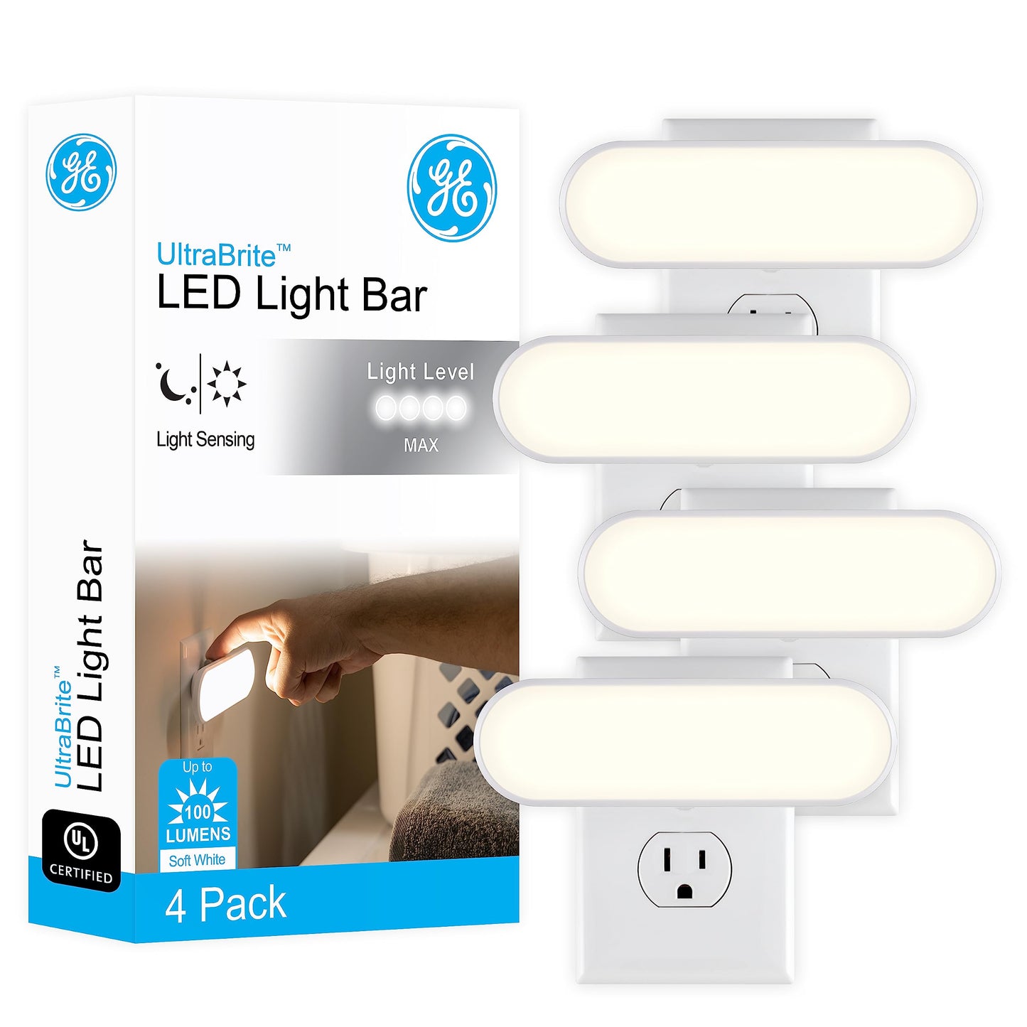 GE Ultrabrite Plug in LED Night Light Bar with On/Off/Auto Switch, 100 Lumen Soft White Lighting for Hallways and Bedrooms, 4-Pack, 62459