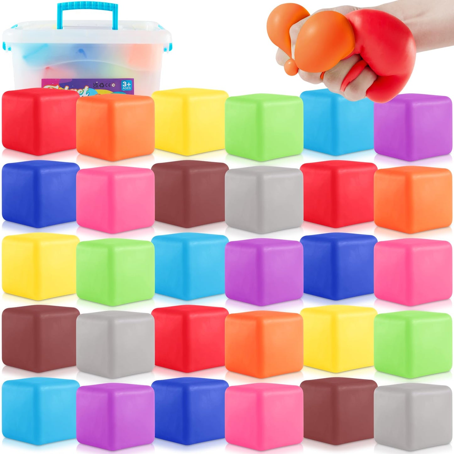 Slow Rising Stress Cube 30 Pack, Square Cube Fidget Ice Cube Stress Balls, Dough Stress Balls Soft Fidget Squishy Toys for Anxiety Relief, Pull Stretch Squishy Toy, Classroom Prize Box Toys (30PACK)