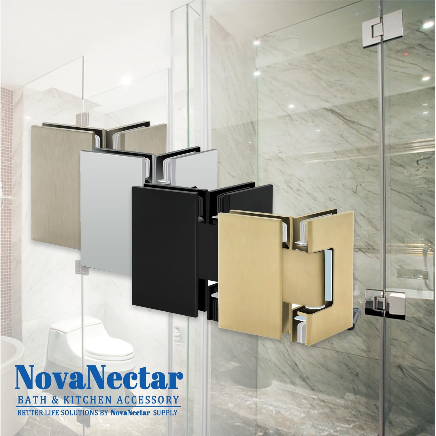 NovaNectar Brass Glass Door Hinge,90 Degree Heavy Duty Short Back Plate Hinges, Shower Door Hardware Replacement for 5/16" to 1/2" (8 to 12 mm) Tempered Glass (Gold, 1 Pack (180 Degree))