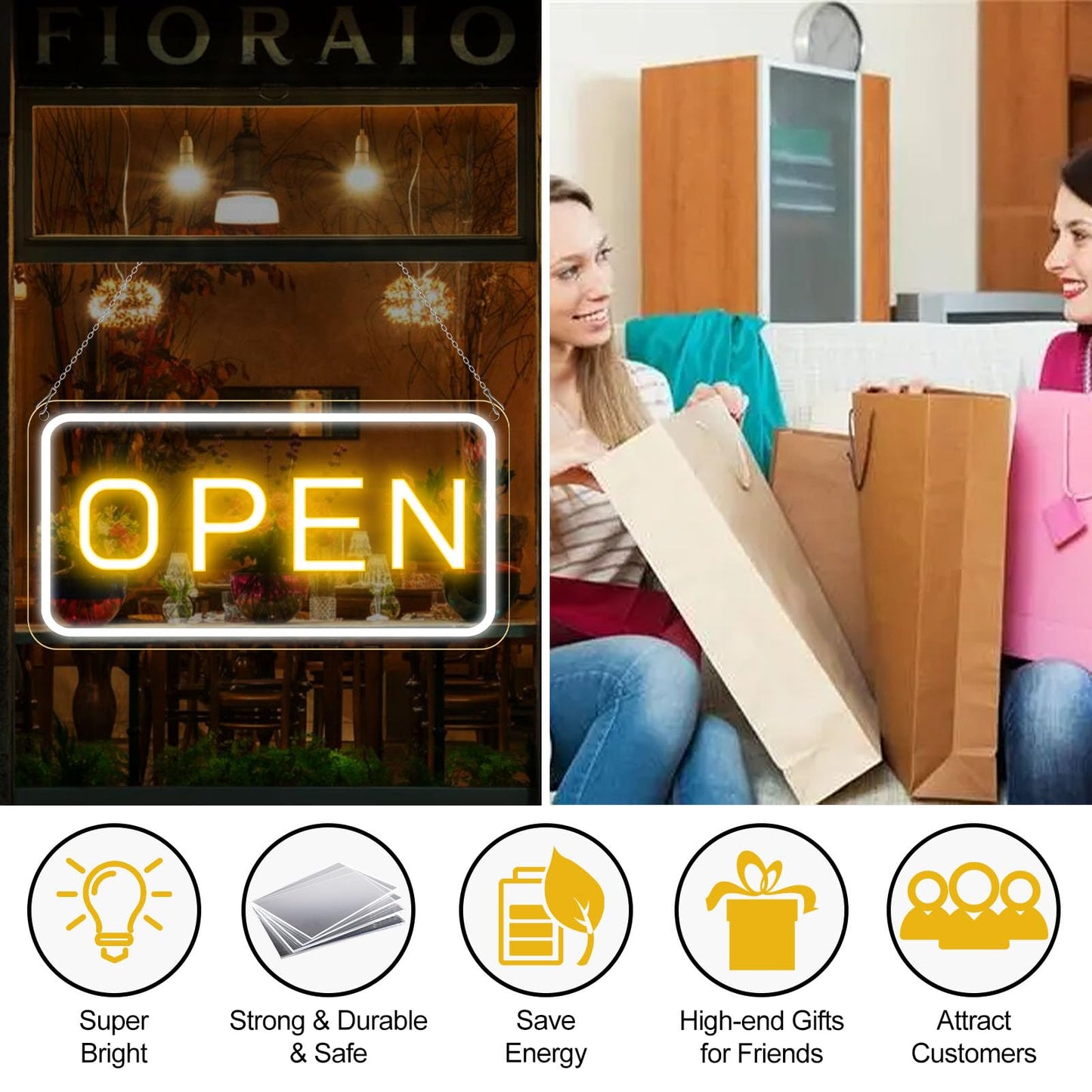 22.8"x 11.8" Ultra Bright 12V Neon Open Sign for Business, LED Open Neon Sign, Electric Light up Signs for Stores, Restaurants Offices Retail Shops Window (Yellow-White-Horizontal)