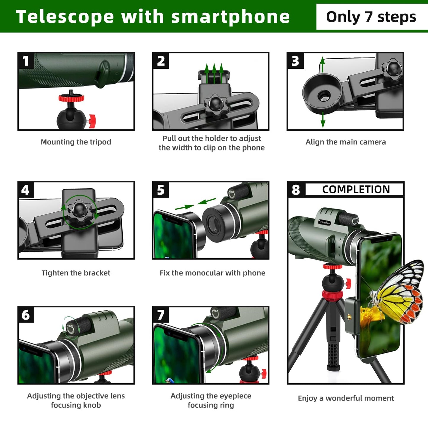 40X60 Monocular Telescope, High Power Monocular for Adults with Phone Adapter& Tripod& Hand Strap, Low Night Vision Monocular, Equipped with BAK4 Prism for Bird Watching and Traveling Concert