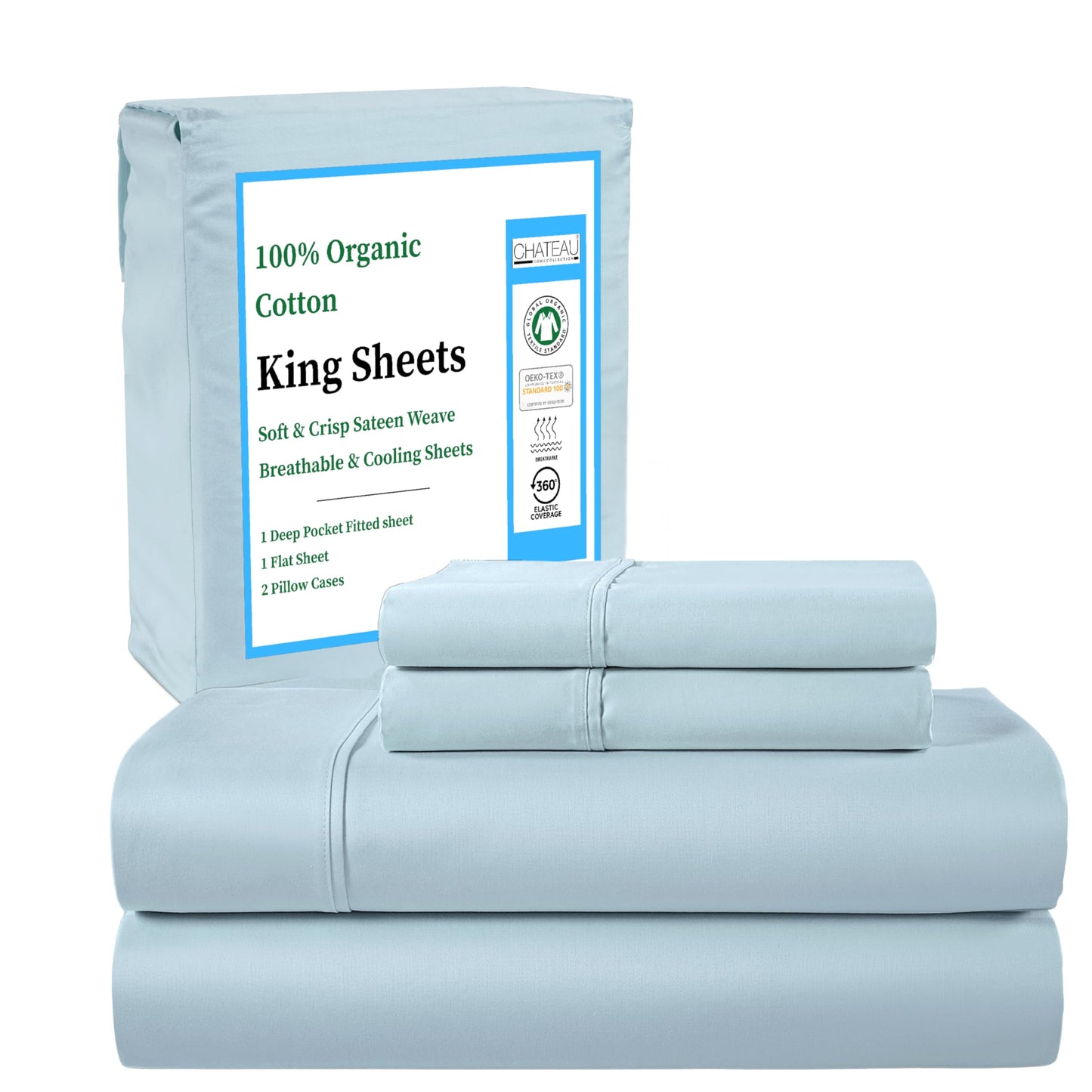 CHATEAU HOME COLLECTION Organic Cotton Sheets King Size – 100% Organic Sky Blue Bed Sheets, Deep Pocket Fitted Sheet, Cooling & Breathable, Sateen Weave, Fits Upto 17" Mattress